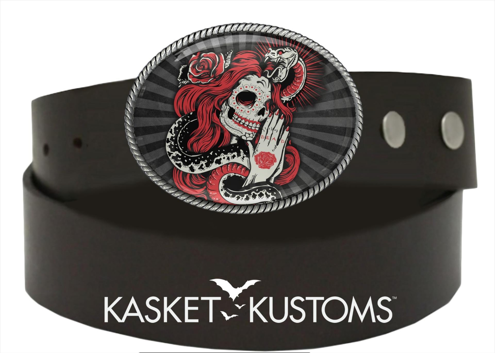 Sugar Skull Snake Belt Buckle – Day of the Dead Handmade Tattoo Buckle – 814