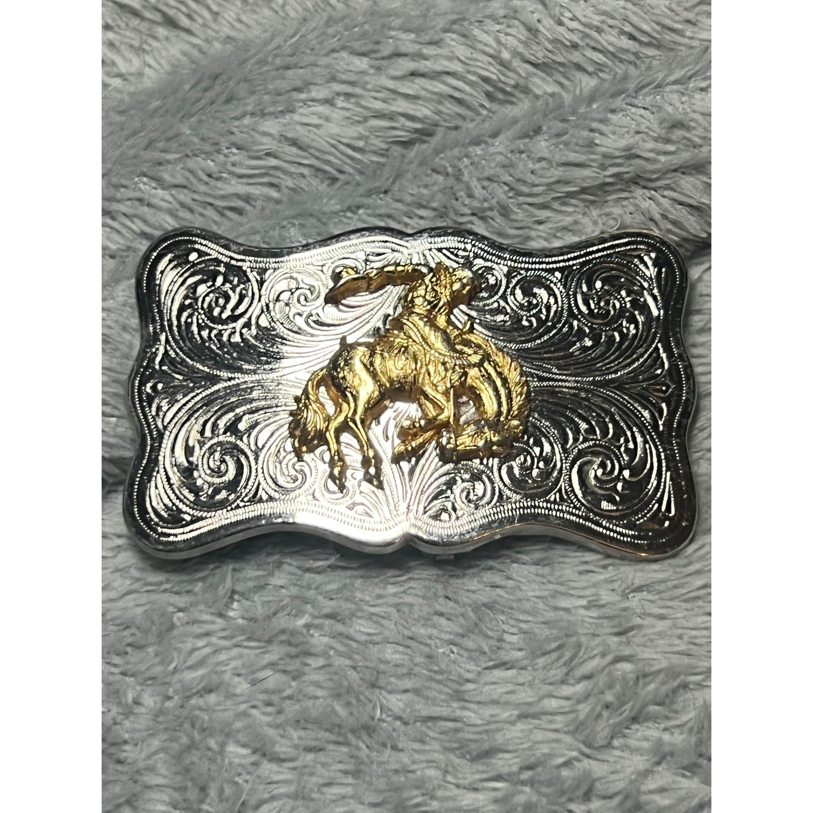 Western Rodeo Belt Buckle Bucking Bronco Rider Silver Gold Tone Cowboy 3in