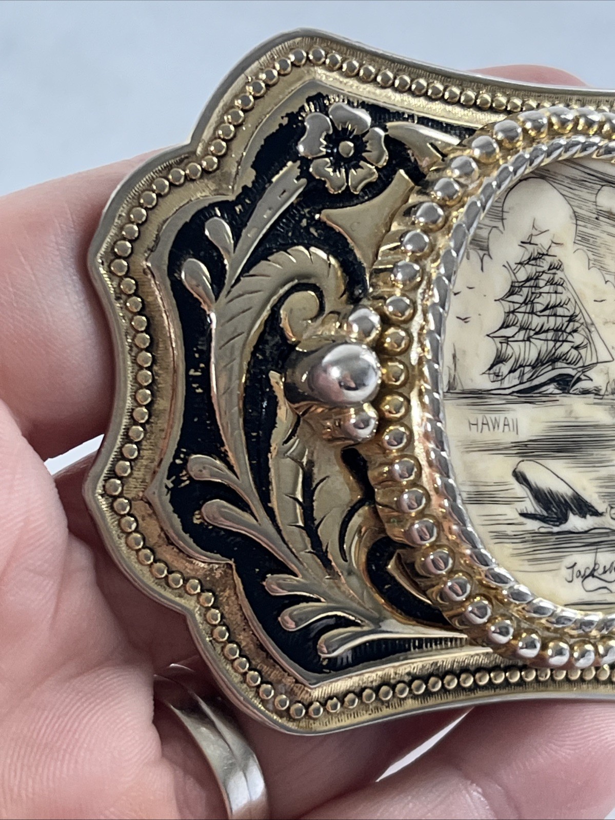 Hand Etched Belt Buckle With Clipper Ship Whales Hawaii Nautical