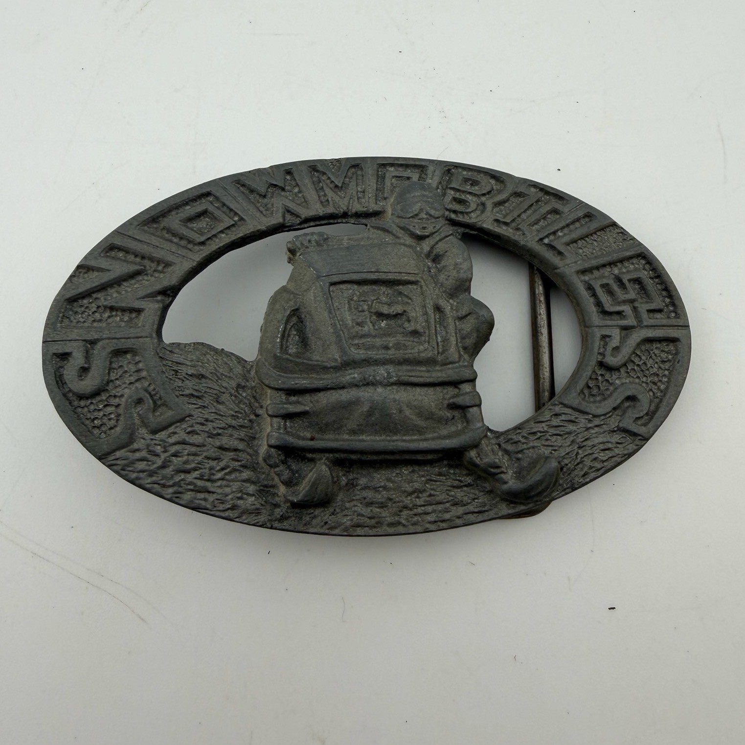 Vintage DIX Leather Co Snowmobile Belt Buckle Gray Excellent Vintage Pewter Tone
