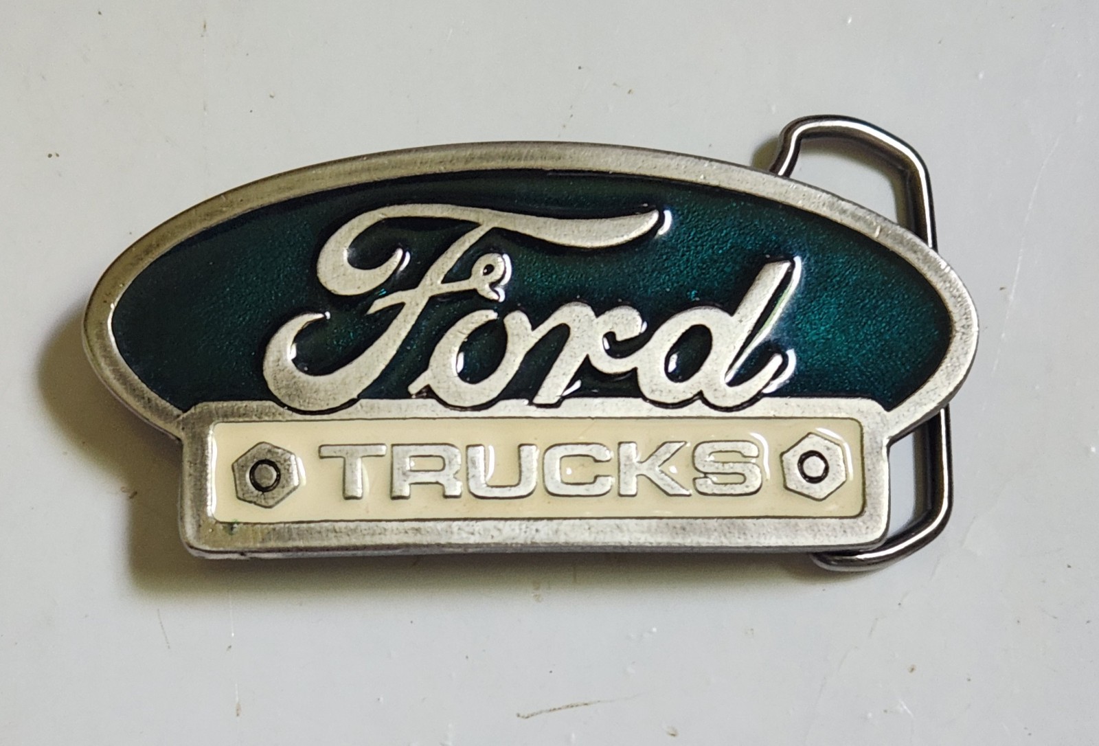 vtg Belt Buckle Ford Truck Emblem Green Enamel U.S.A. numbered