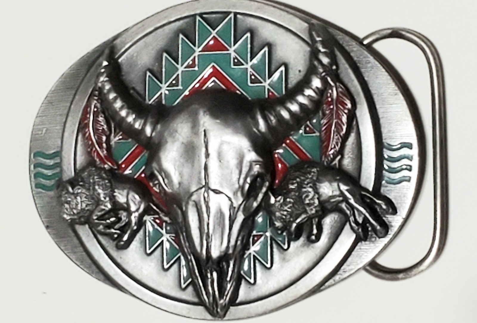 VTG Siskiyou 1992 Enamel Buffalo Skull Belt Buckle Pewter Color USA Made