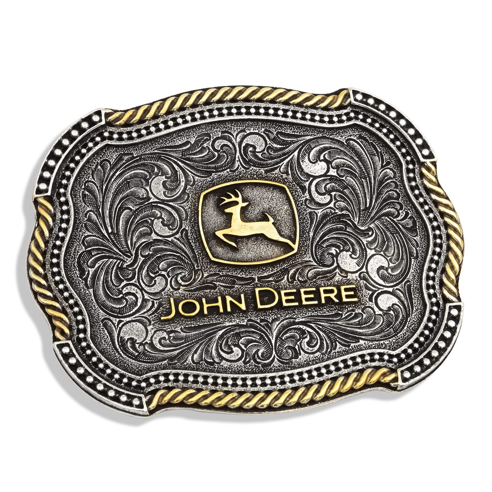 Officially Licensed John Deere Attitude Western Belt Buckle Scalloped Duo Silver