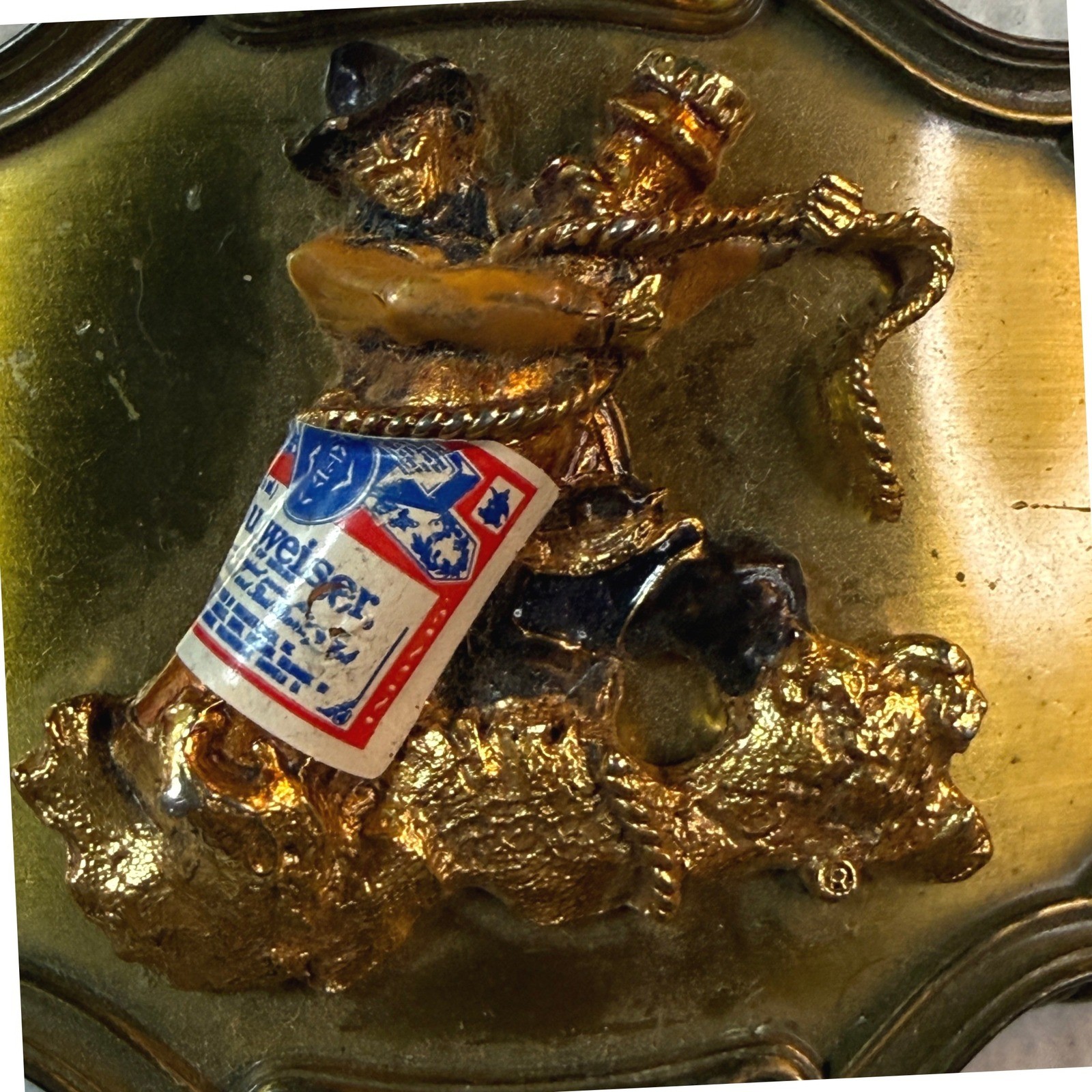 Vintage 1976 Budweiser Belt Buckle Mens Gold Rodeo Cowboy 3D Western Americana