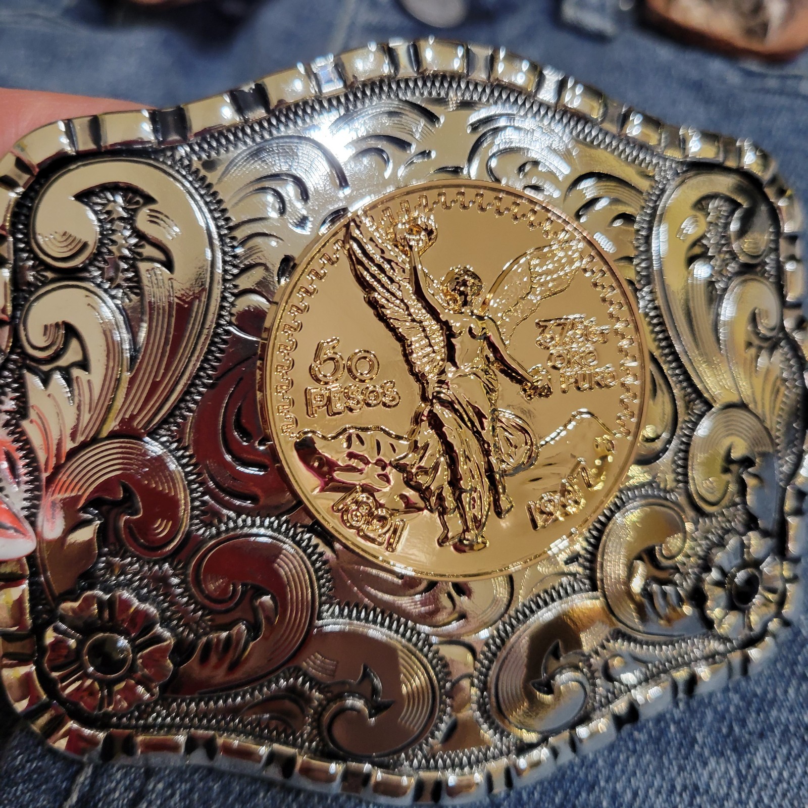 Centenario Cowboy Belt Buckle Western Silver With RoseTone Faux 50 Peso Concho
