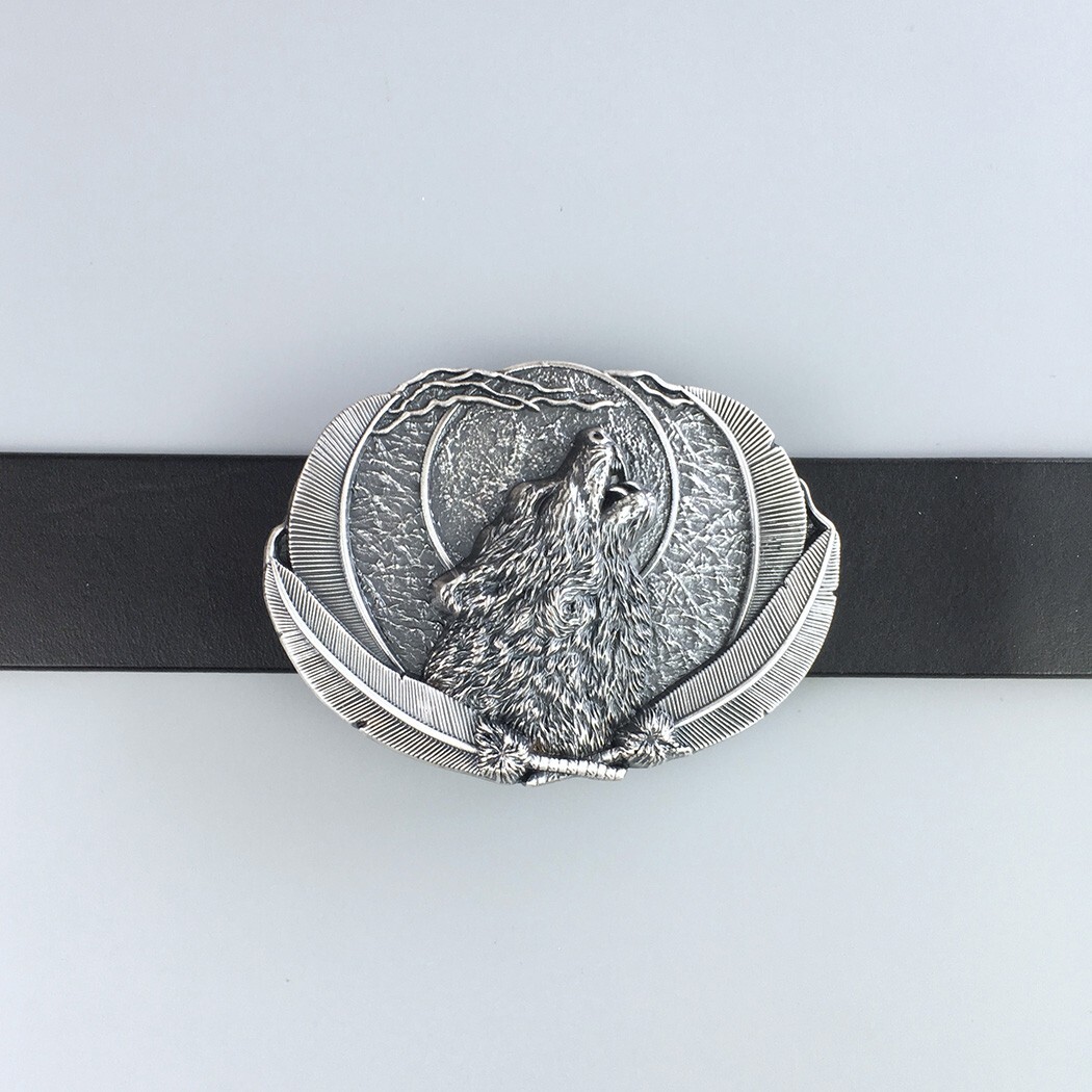 Vintage Silver Plated Western Moon Wolf Oval Belt Buckle Boucle de Ceinture