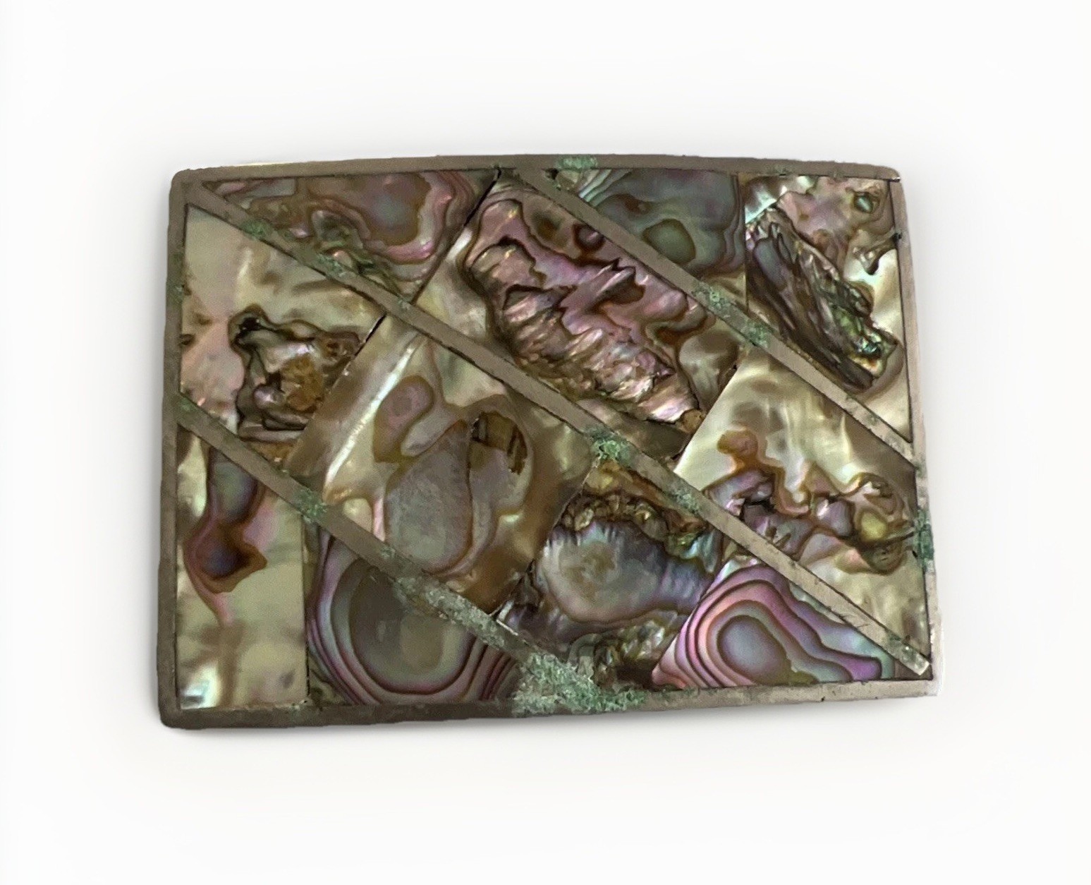 Vintage Abalone Shell Mother of Pearl Silver Tone Rectangular Belt Buckle