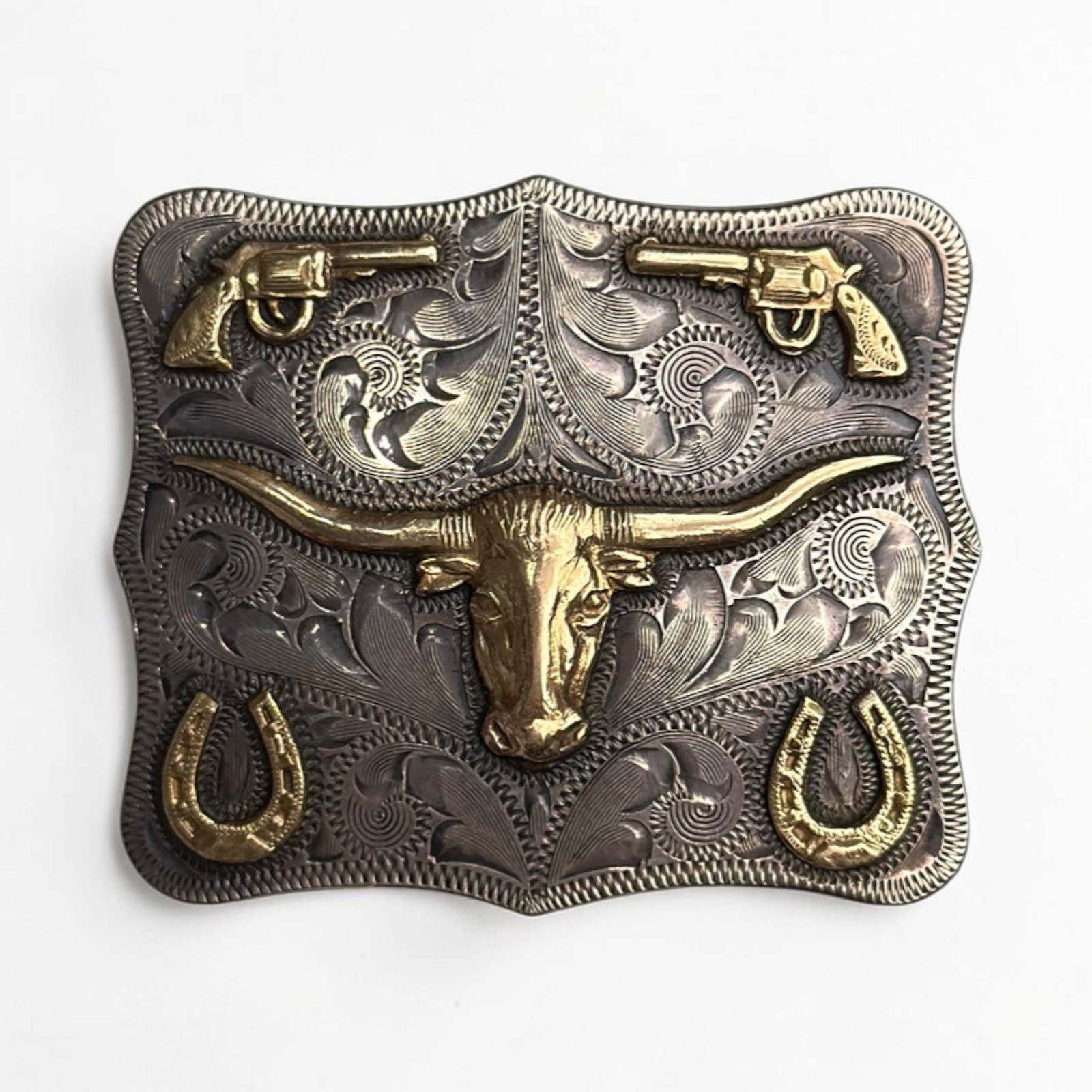 14K Gold Chet Vogt Maker Mexico Sterling Silver Longhorn Steer Belt Buckle