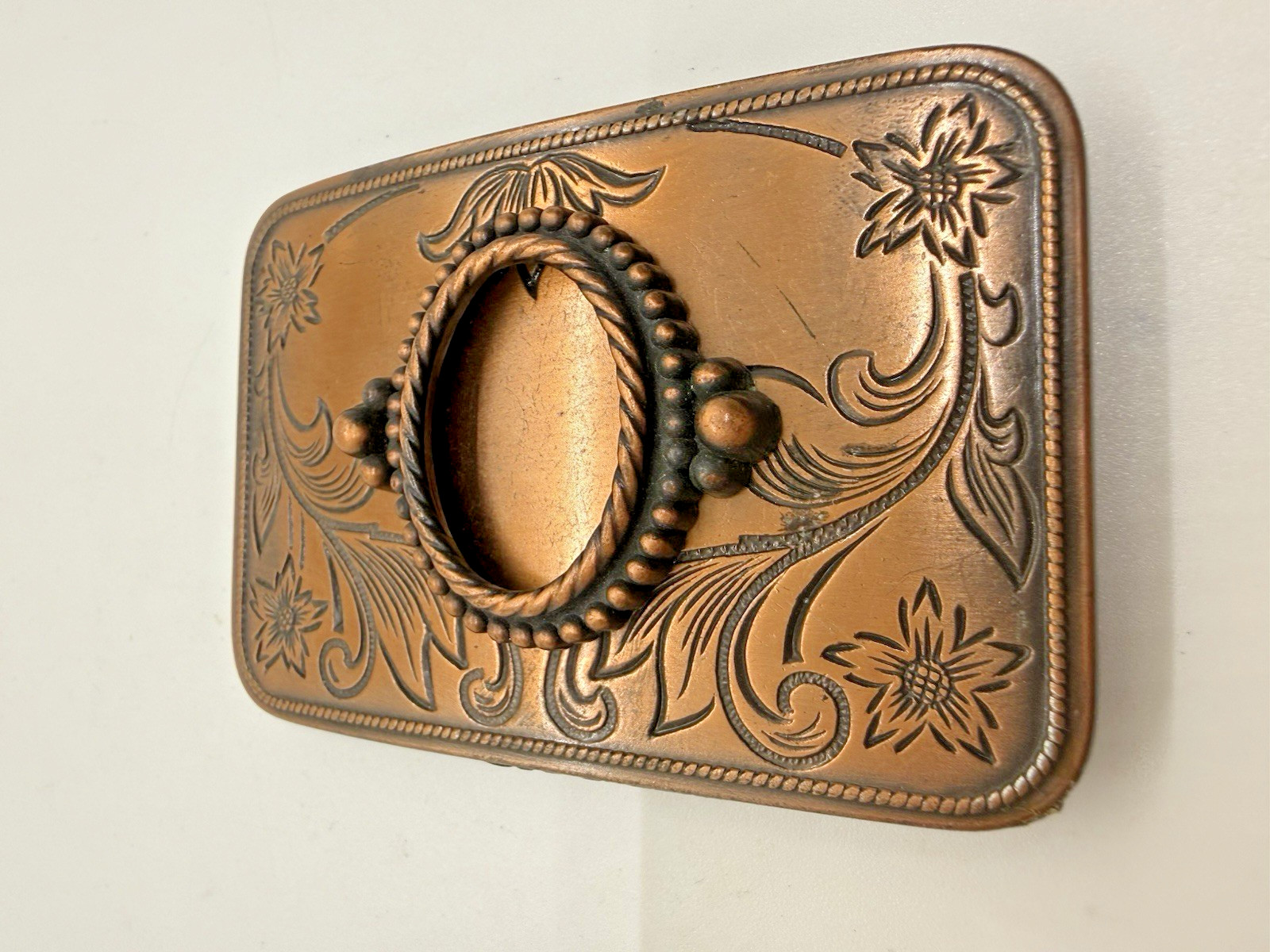 Vintage Western Belt Buckle Engraved Copper Floral Floral Design Cowboy Style