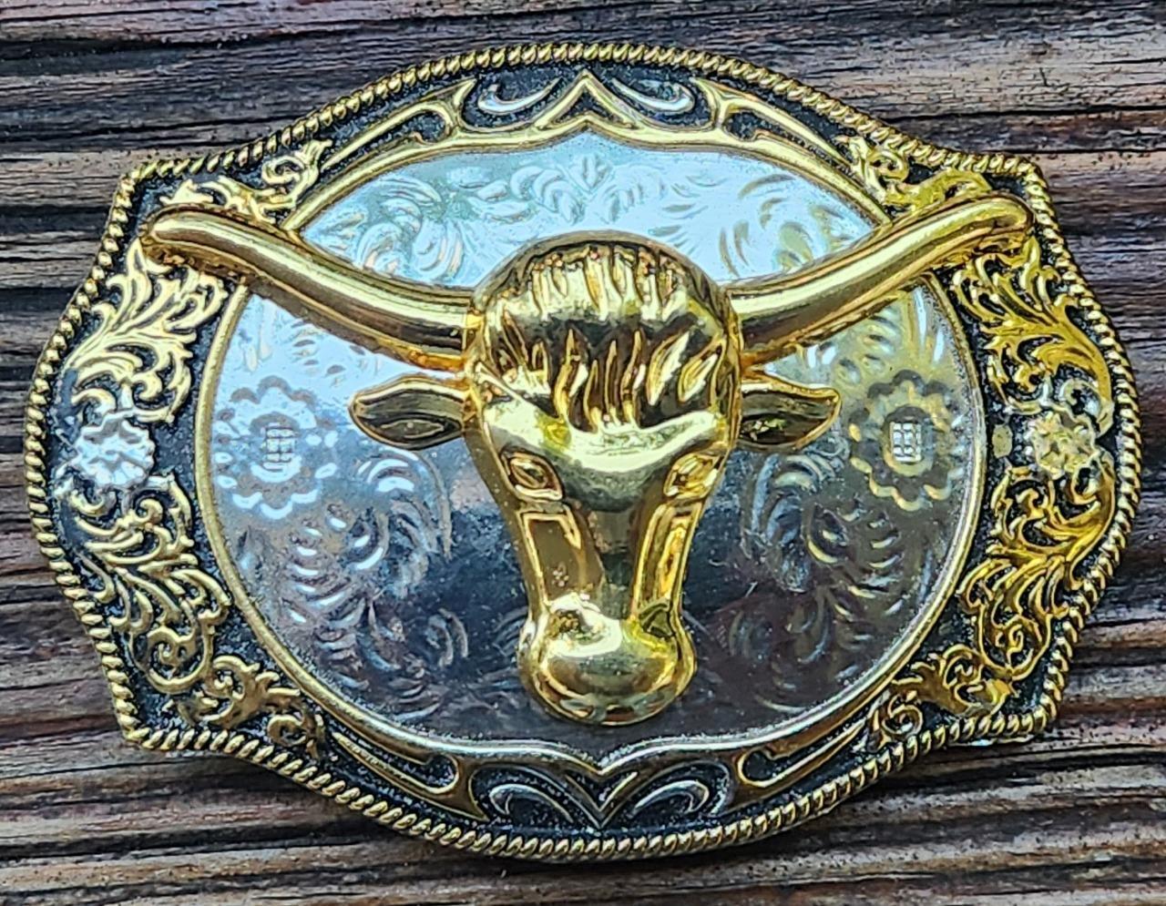 BULL HEAD LONG HORN GOLD SILVER STARS WESTERN COWBOY RODEO BELT BUCKLE