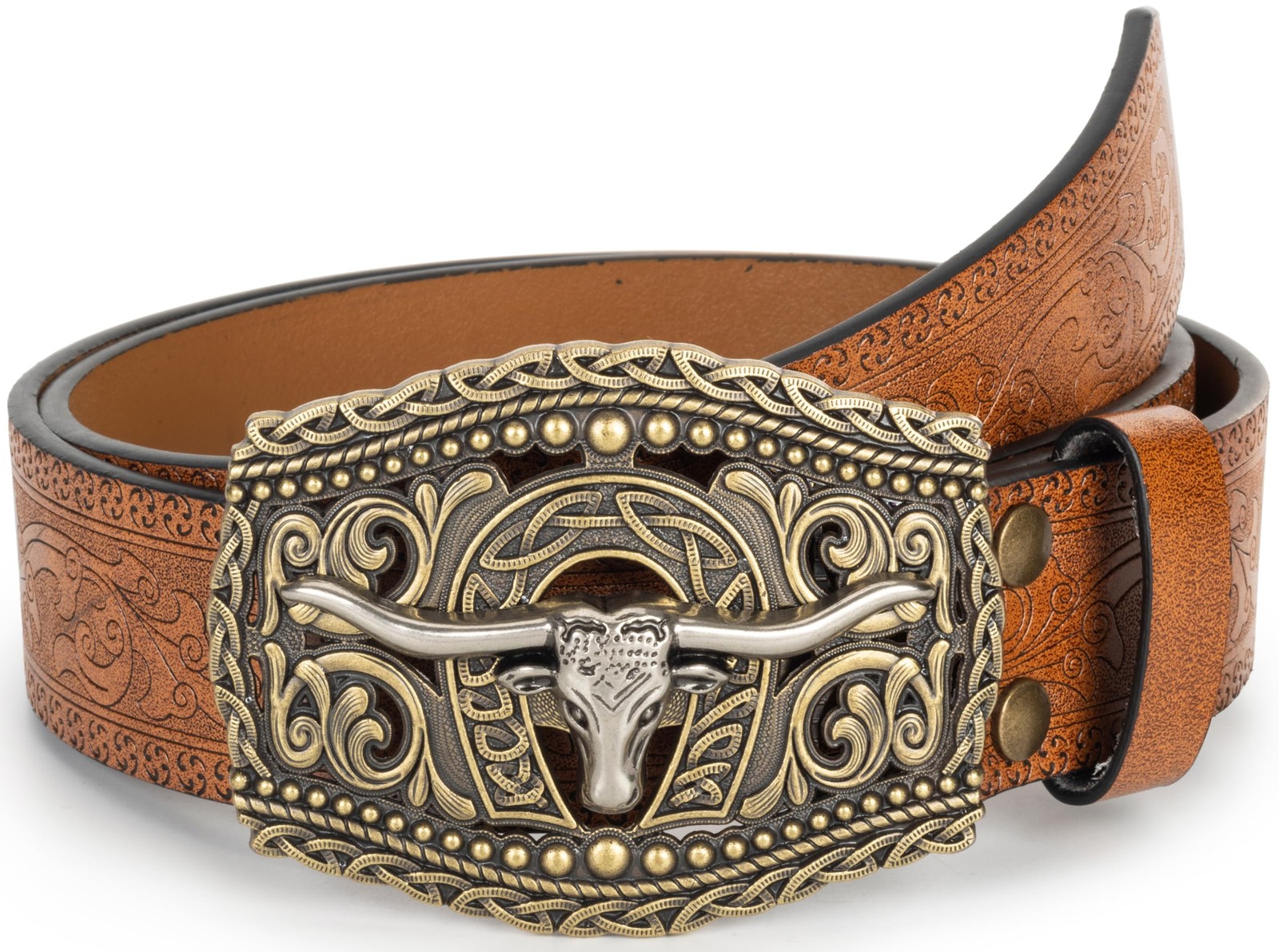 OVOY Men Women Vintage Cow-Head-Buckle For Waist 36-40 in, Brown
