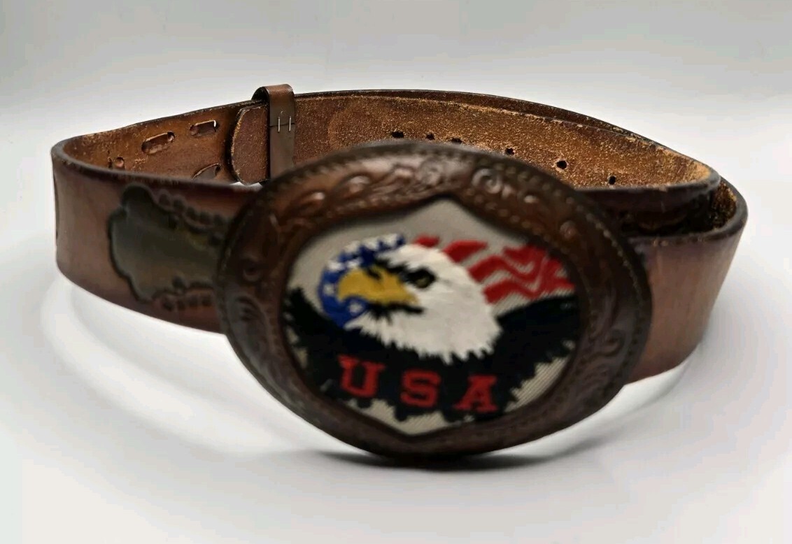 Vtg USA Embroidered Eagle Texas Cowhide Buckle/Leegin Tooled Leather Belt 36