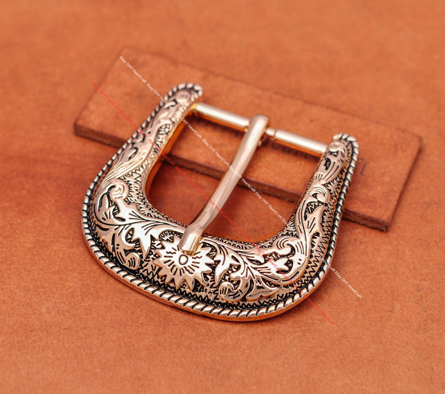 Heavy Gold Western Cowboy Belt Buckle 3 Piece Set Floral Carved Unisex 1-1/2&Prime;