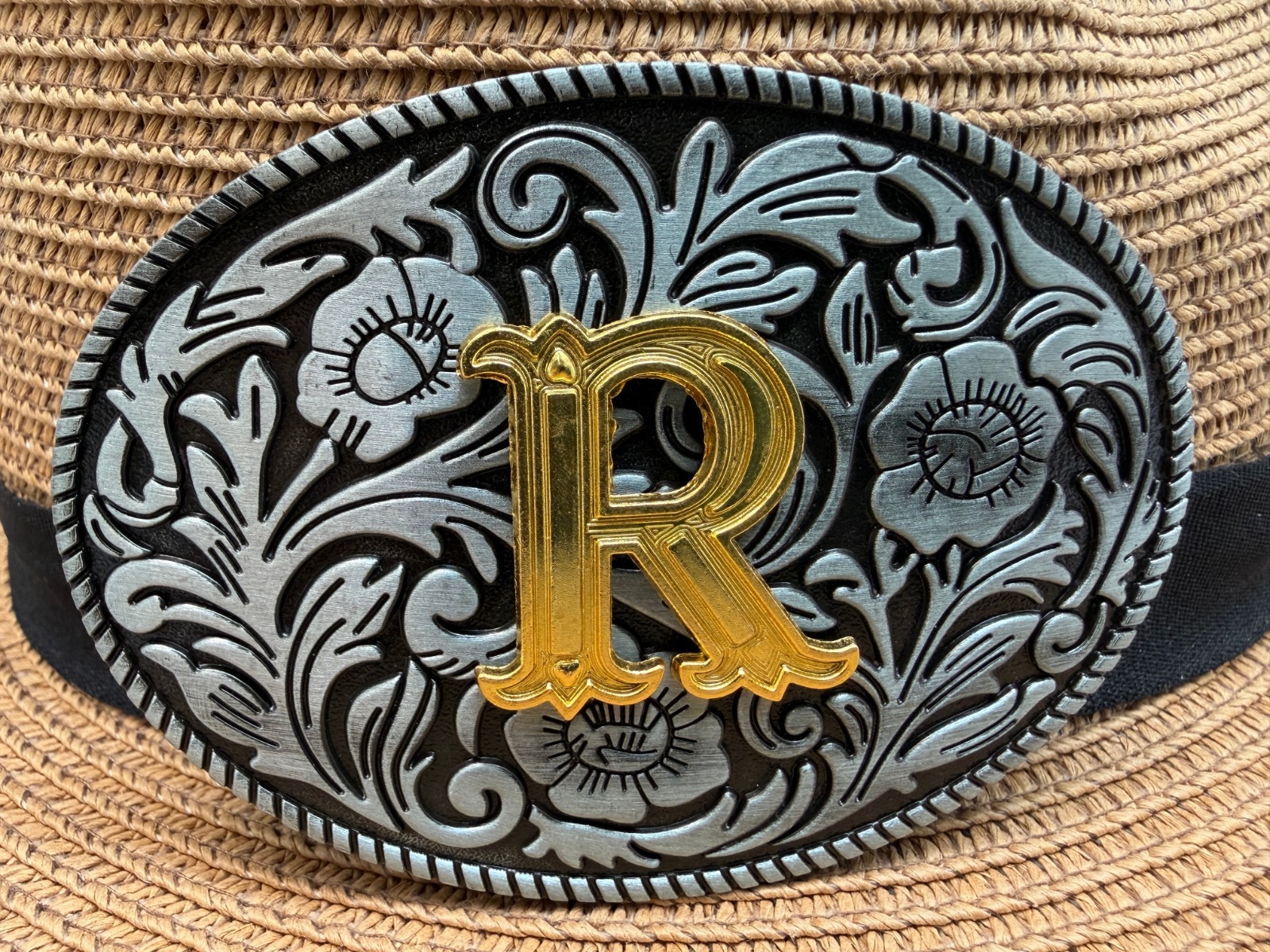 Antiqued Silver Gold Initial R Oval Western Cowboy Floral Vine Belt Buckle
