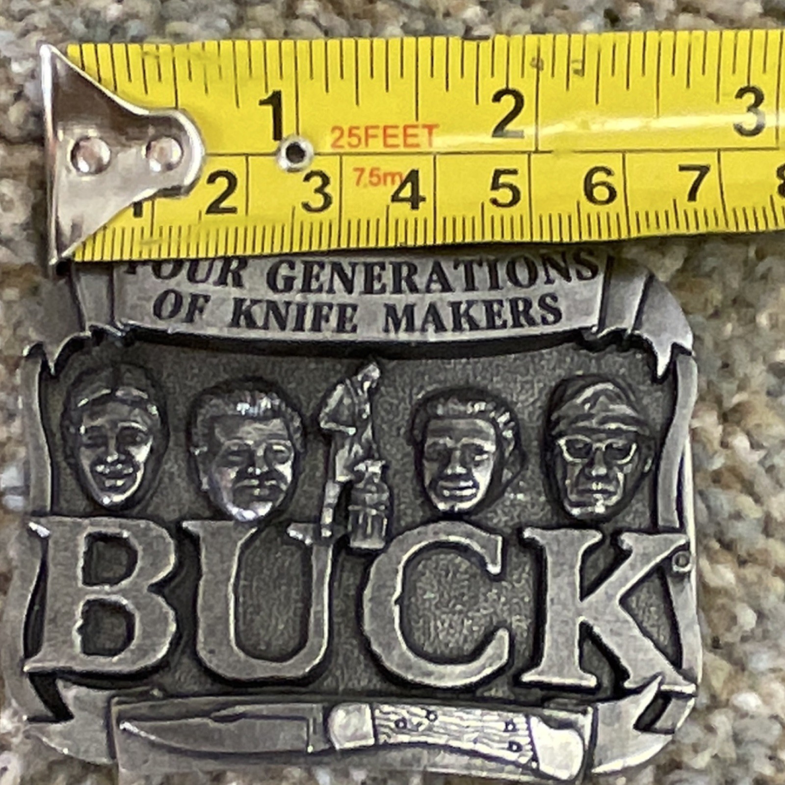 Buck Knives Metal Belt Buckle Silver Western 1.5in « Four Generations » Text
