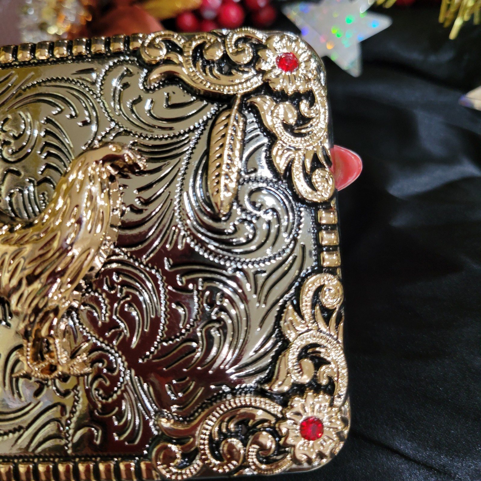 Rooster Western Belt Buckle Rose Tone And Silver Rare Piece With Red Stones