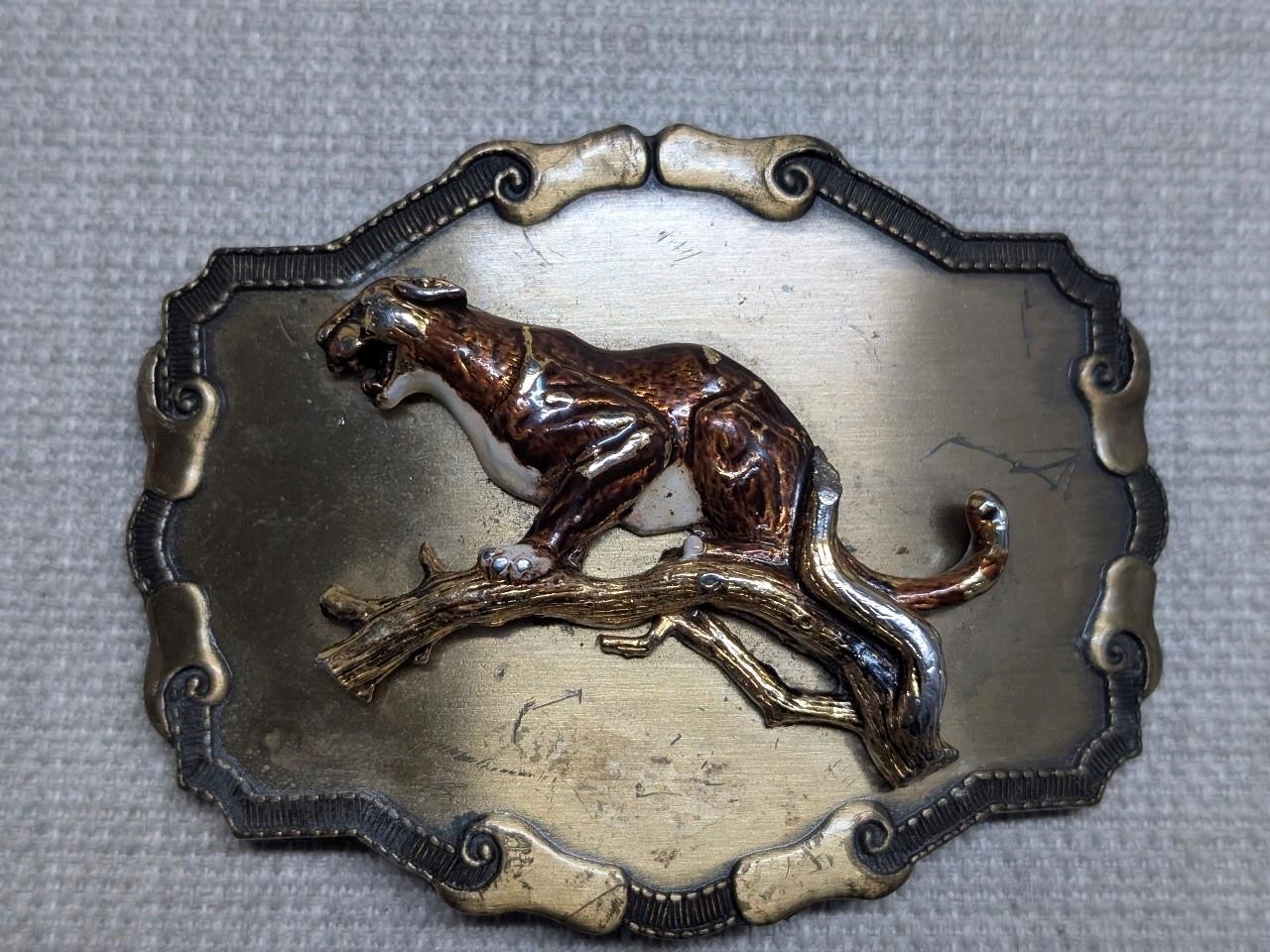 vintage COUGAR belt buckle PANTHER mountain lion BRASS western 1970s cat tree