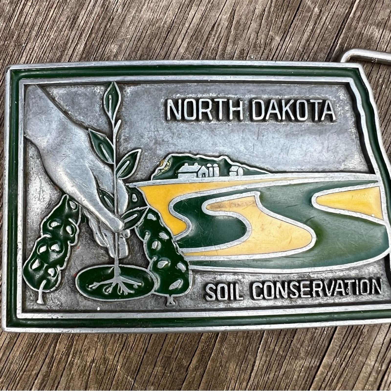 Vintage North Dakota Soil Conservation Belt Buckle Silver Green Yellow