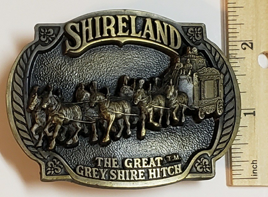 SHIRELAND Vintage Belt Buckle Pewter THE GREAT GREY SHIRE HITCH Horses 1987