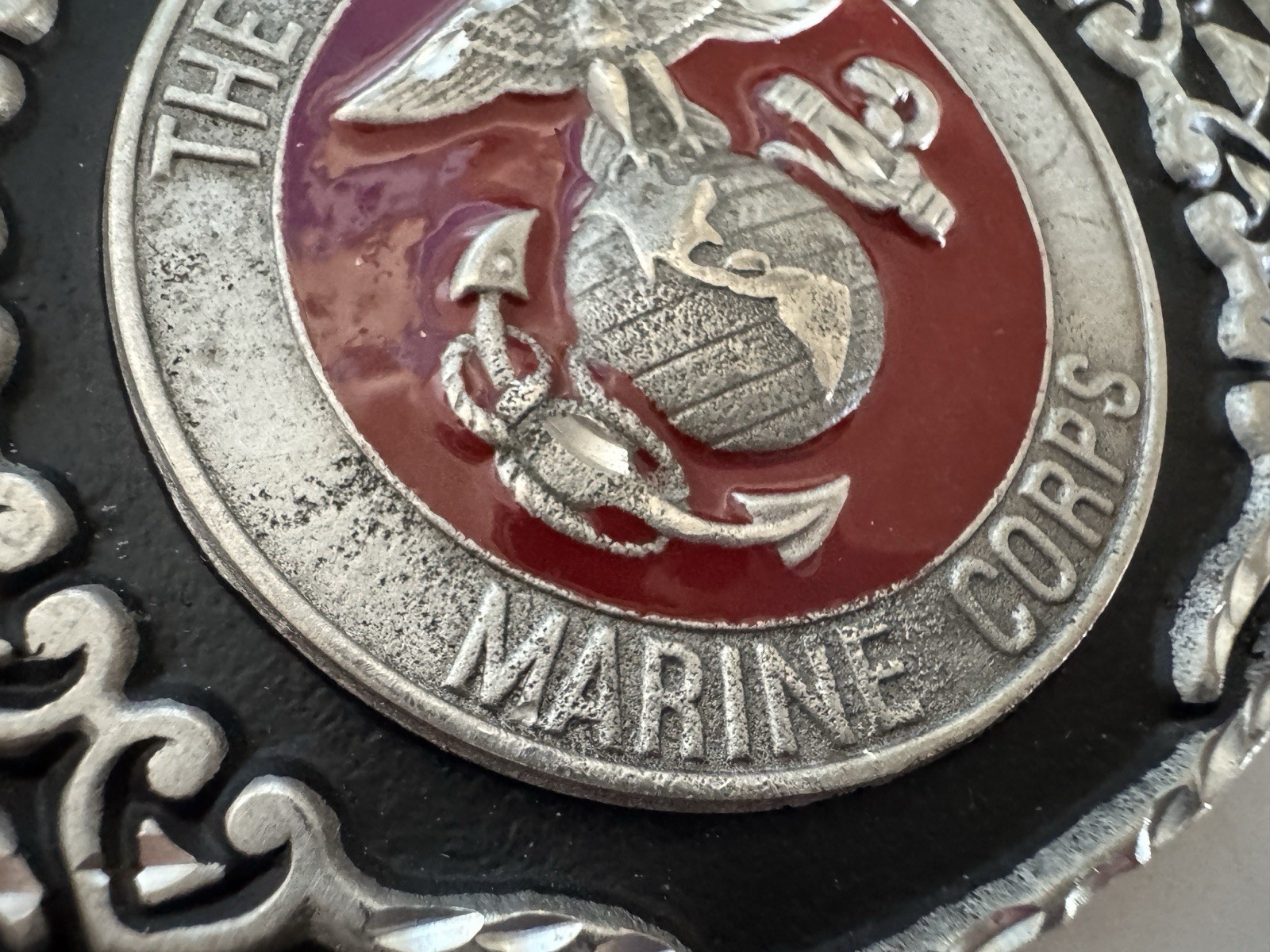 U.S. Marines Belt Buckle Pewter & Red Enamel Vintage United States Marine Corps