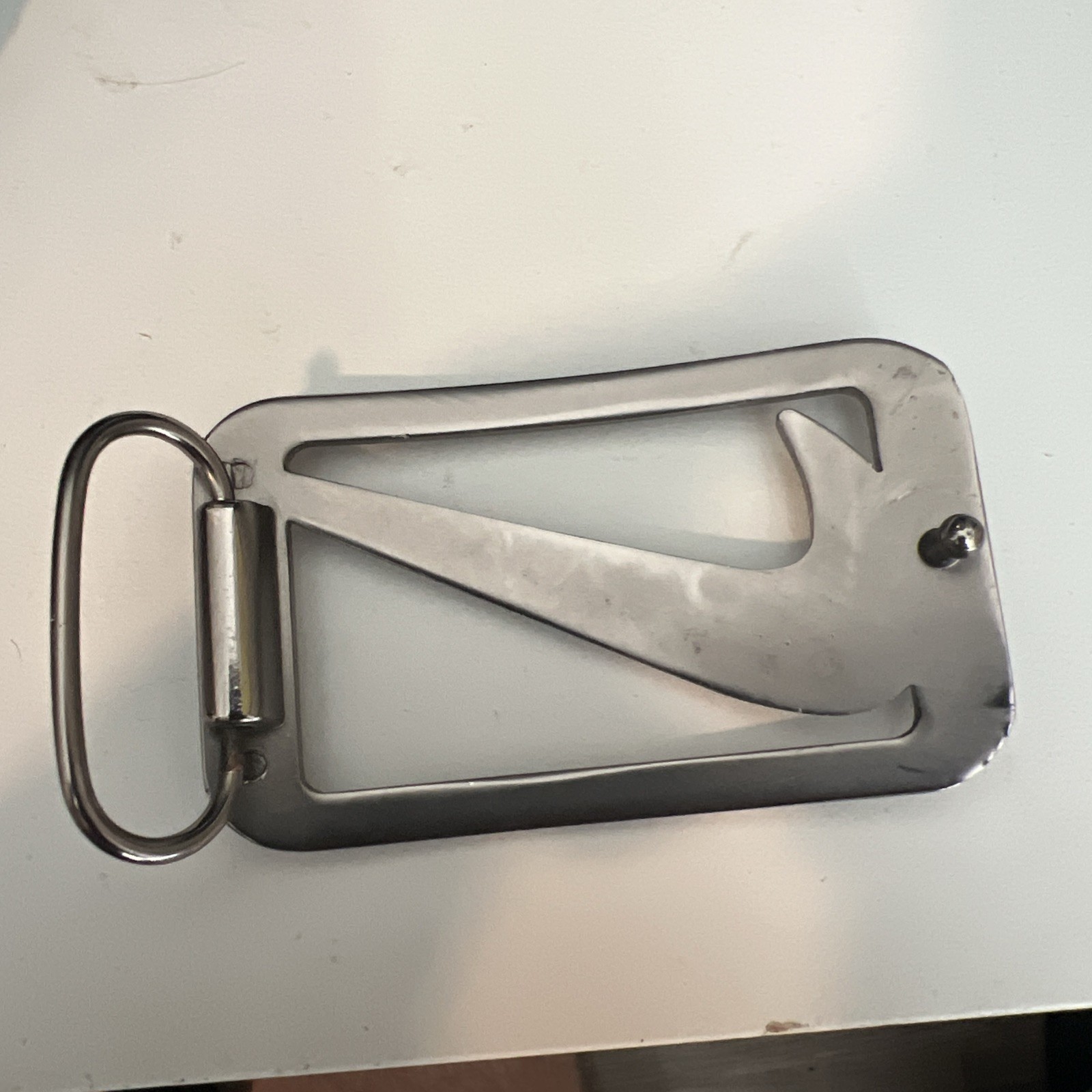 Nike Swoosh Silver Colored Belt Buckle Sz 2&Prime; x 3.5&Prime; Plate Style with Logo Cutout