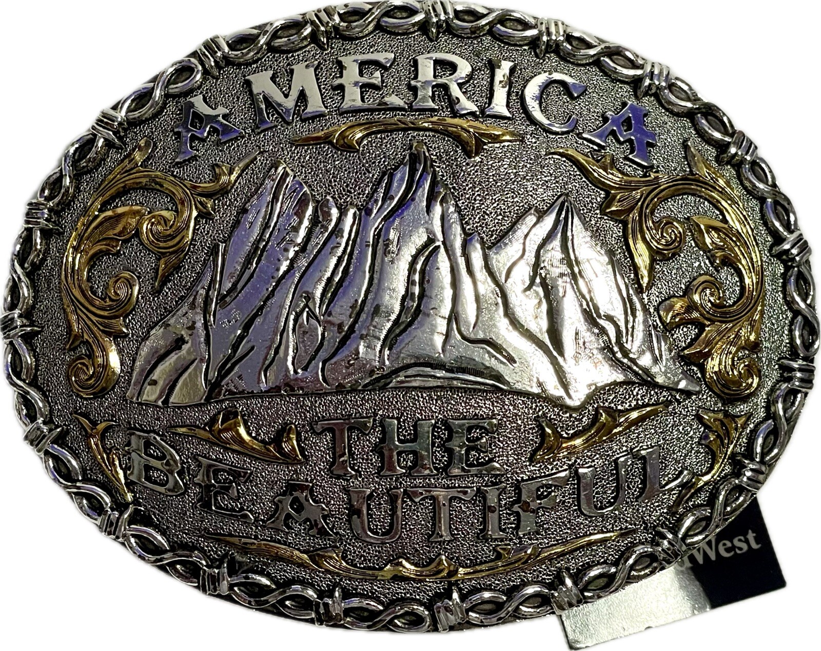 AndWest Western Style Belt Buckle America the Beautiful Design Silver & Gold NEW