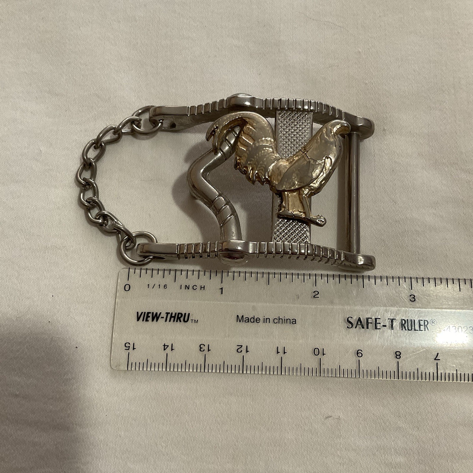 Men&rsquo;s Western Rectangle Belt Buckle Silver/Gold Rooster Design Chain Accent 1.5”