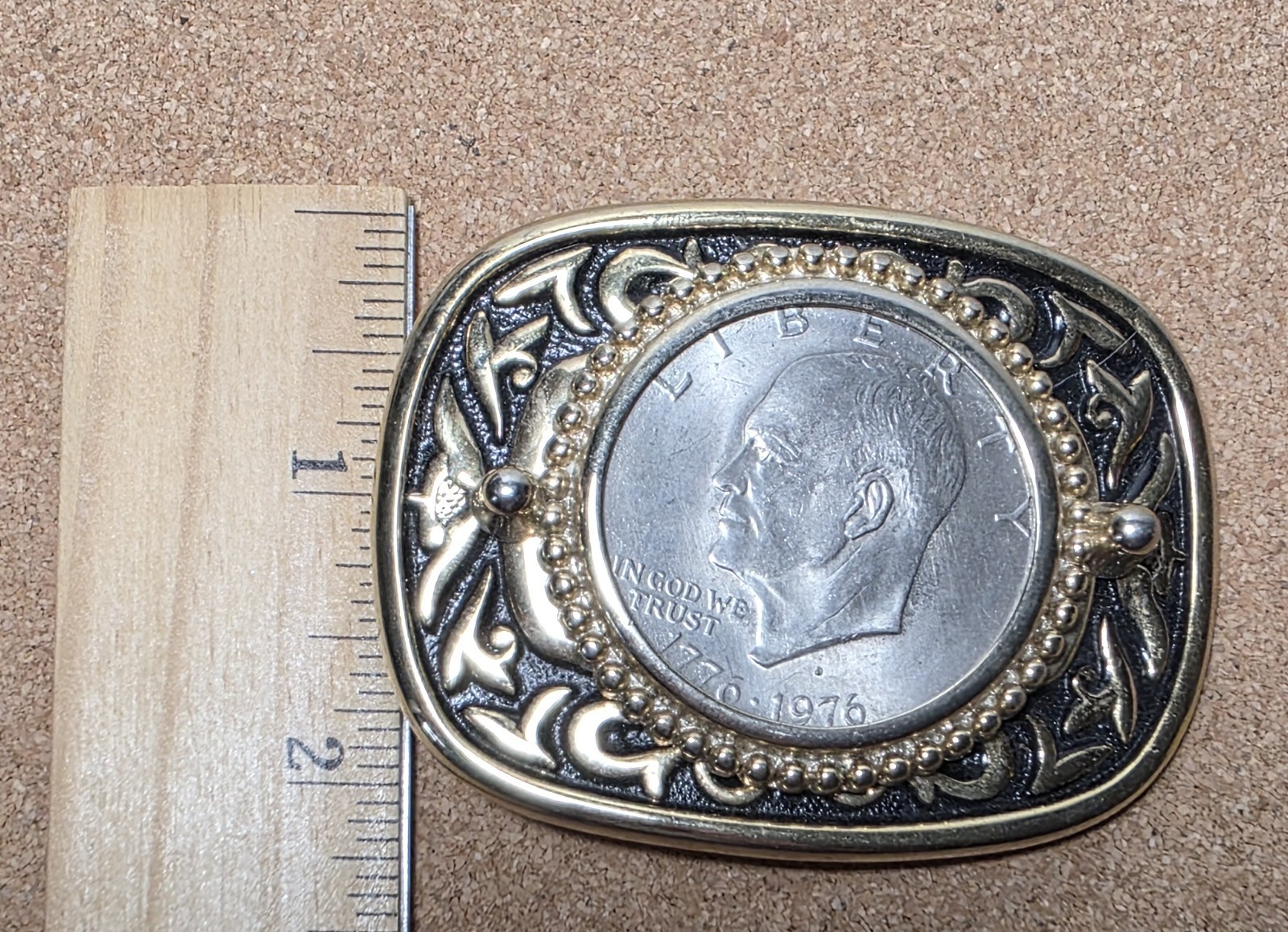 Eisenhower Dollar Bicentennial Coin 1776-1976 GoldPewter 2 X 2 3/4&Prime; Belt Buckle