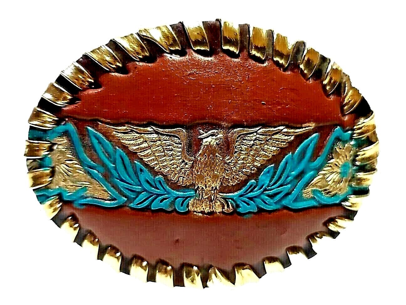 EAGLE Belt BUCKLE w/ SILVER Edge LACING Handmade Sm. BROWN LEATHER Western/Biker