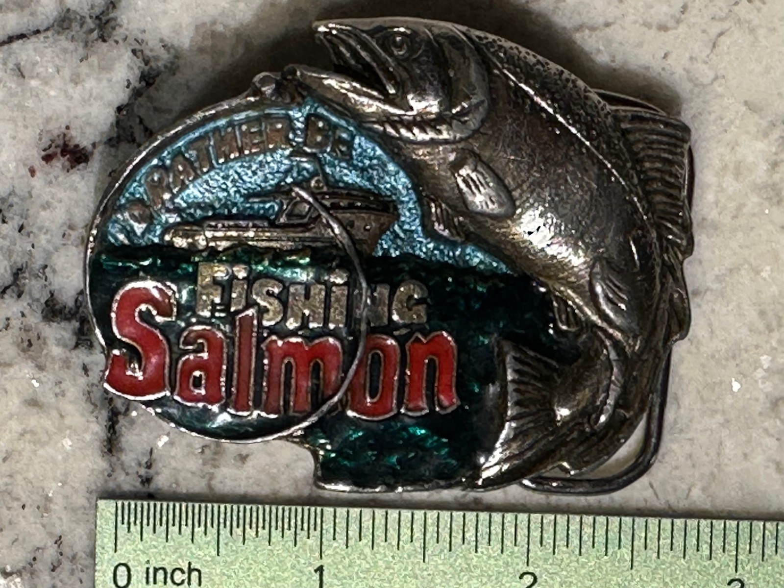 I&rsquo;D RATHER BE FISHING SALMON Vintage 1982 Belt Buckle Great American Buckle Co