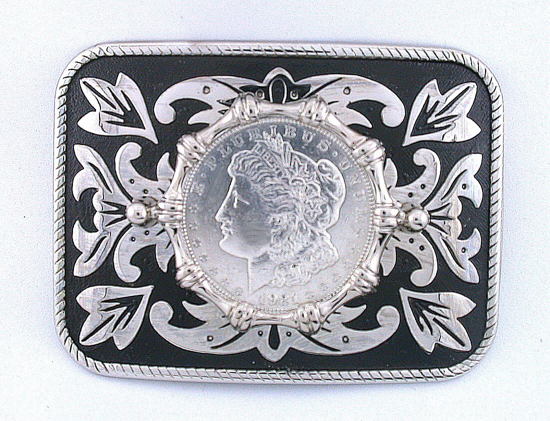 Silver Color Rectangle Western REAL 1921 Morgan Silver Dollar Belt Buckle EPBB94