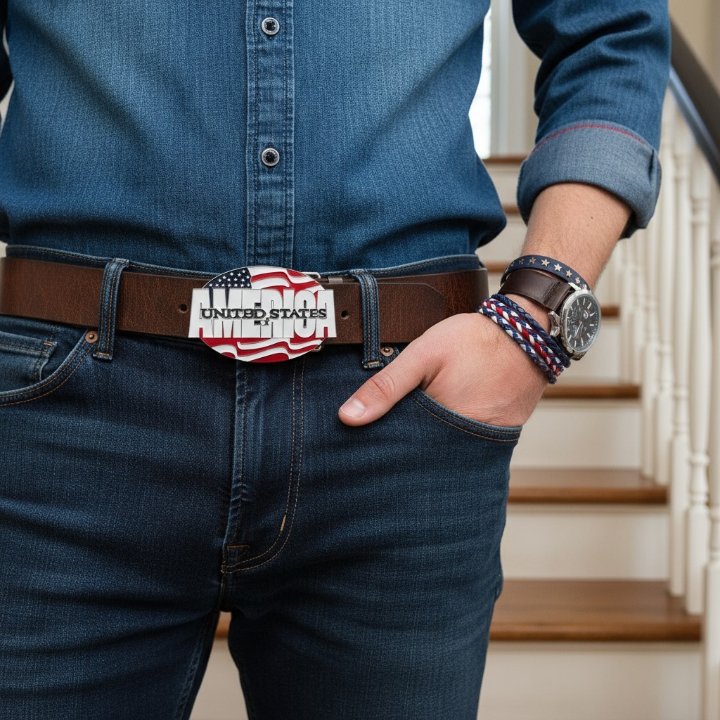 Men Women Belt Buckle Silver Metal USA Flag United States America Red White Blue