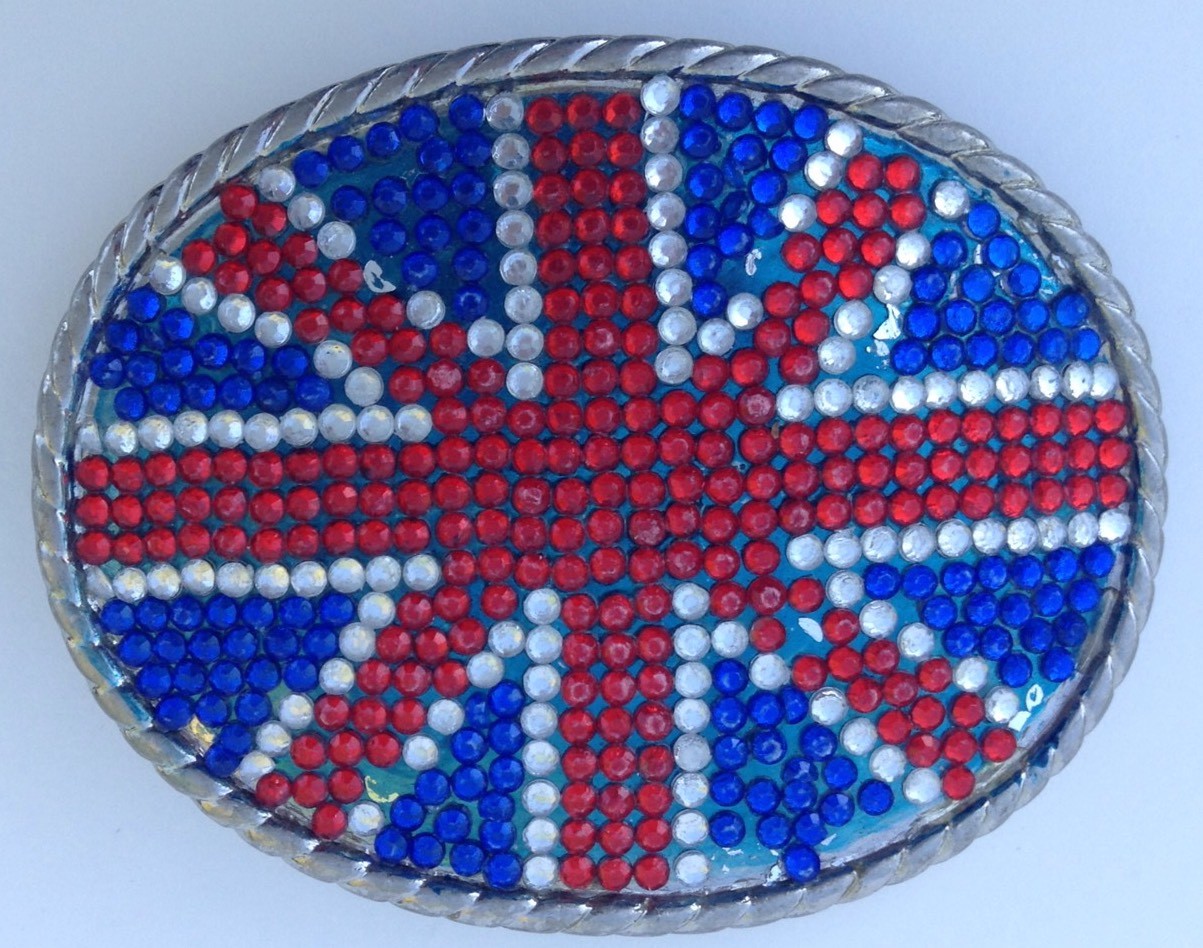 British Flag Belt Buckle Oval Beaded Sparkles About 3.75&Prime;x2.75