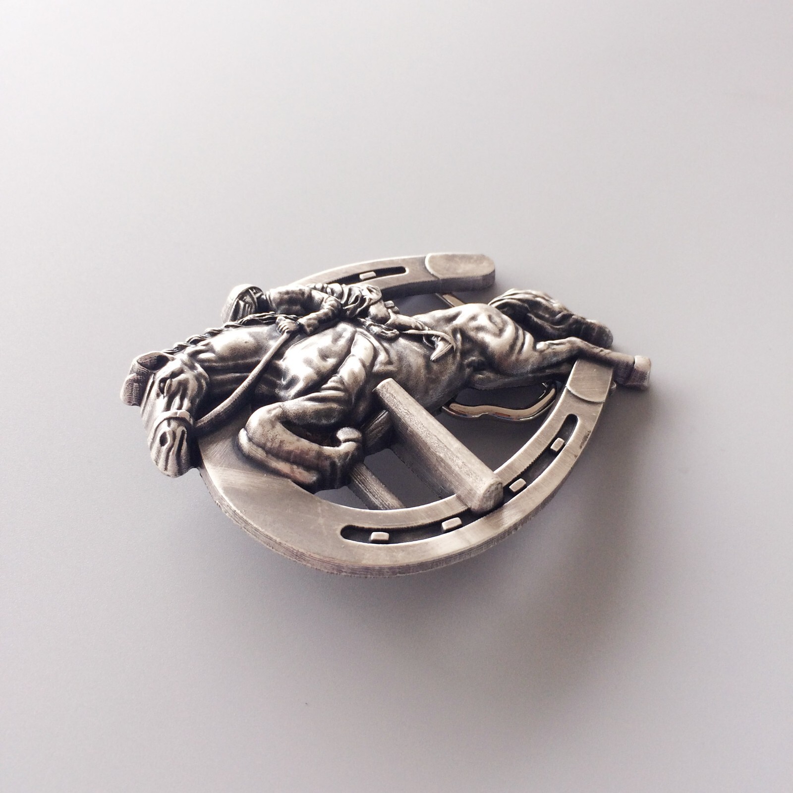 Vintage Silver Plated Horse Jumping Sports Belt Buckle Boucle de ceinture