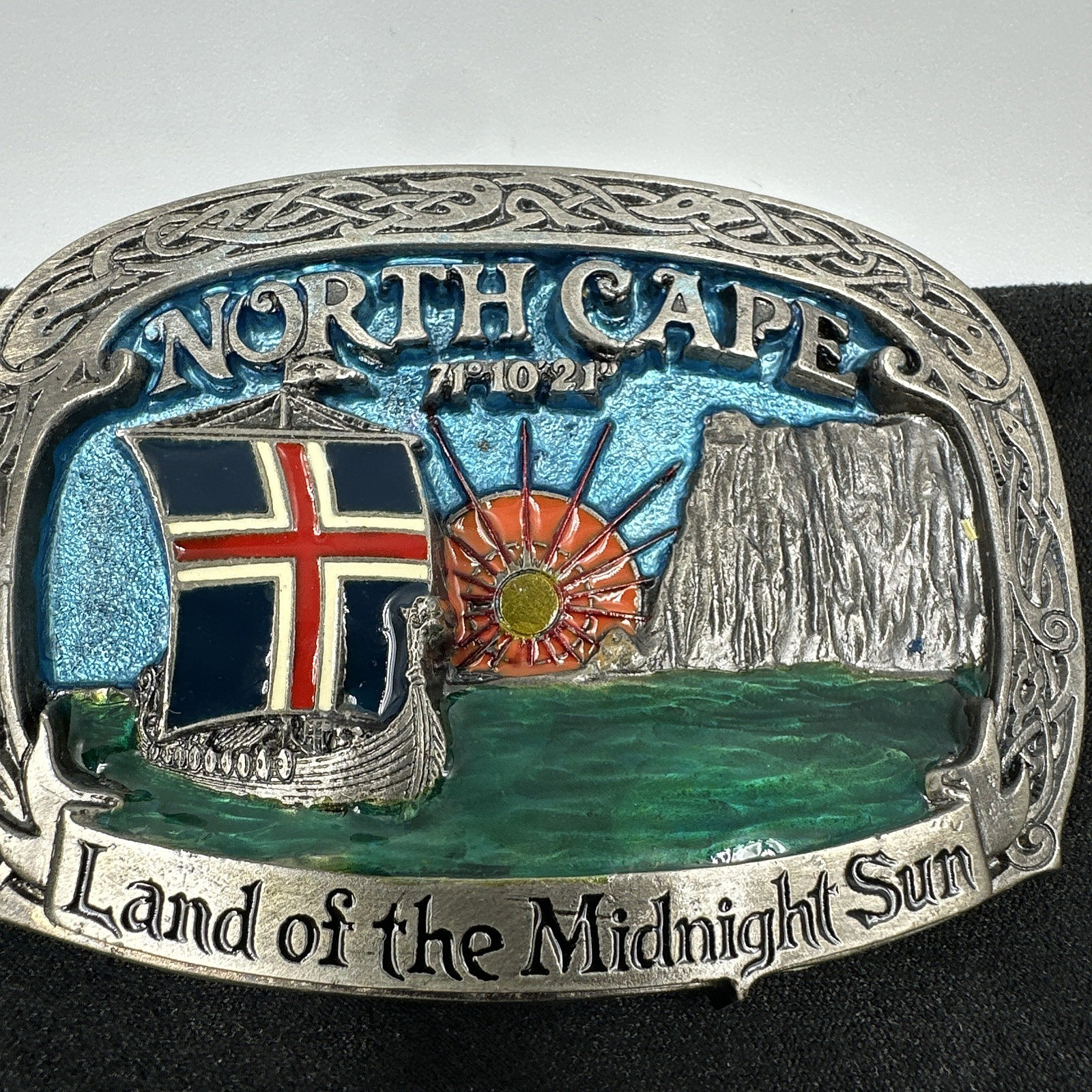 Vtg Tor Nordhus Belt Buckle North Cape Viking Ship Land Midnight Sun Norway &rsquo;91