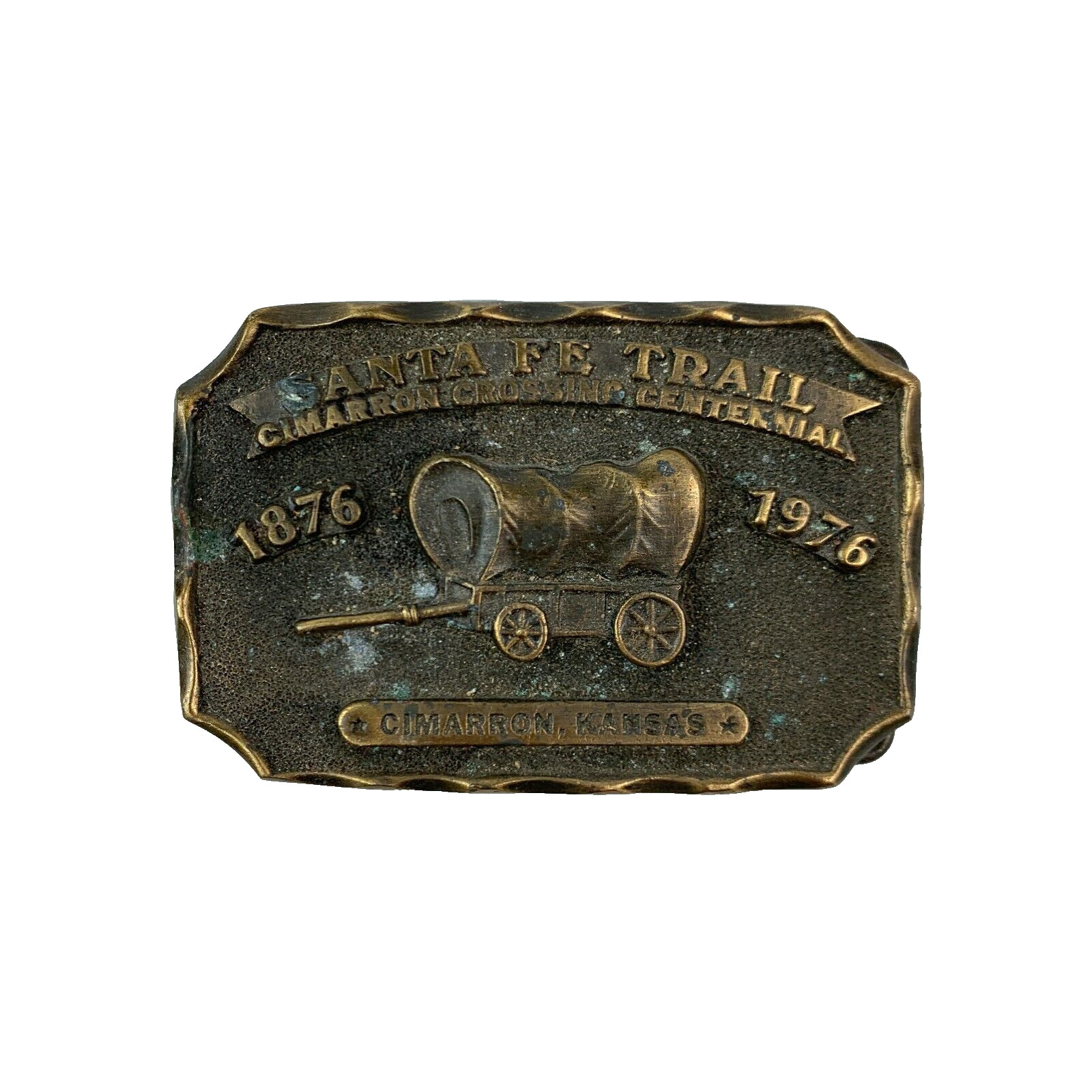 Vintage 1976 Santa Fe Trail Cimarron Kansas Centennial 3D Metal Belt Buckle