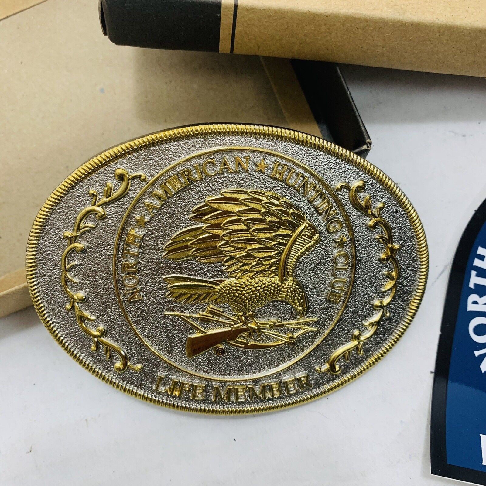 Metal Eagle Belt Buckle North American Hunting Club Life Member and Sticker NEW