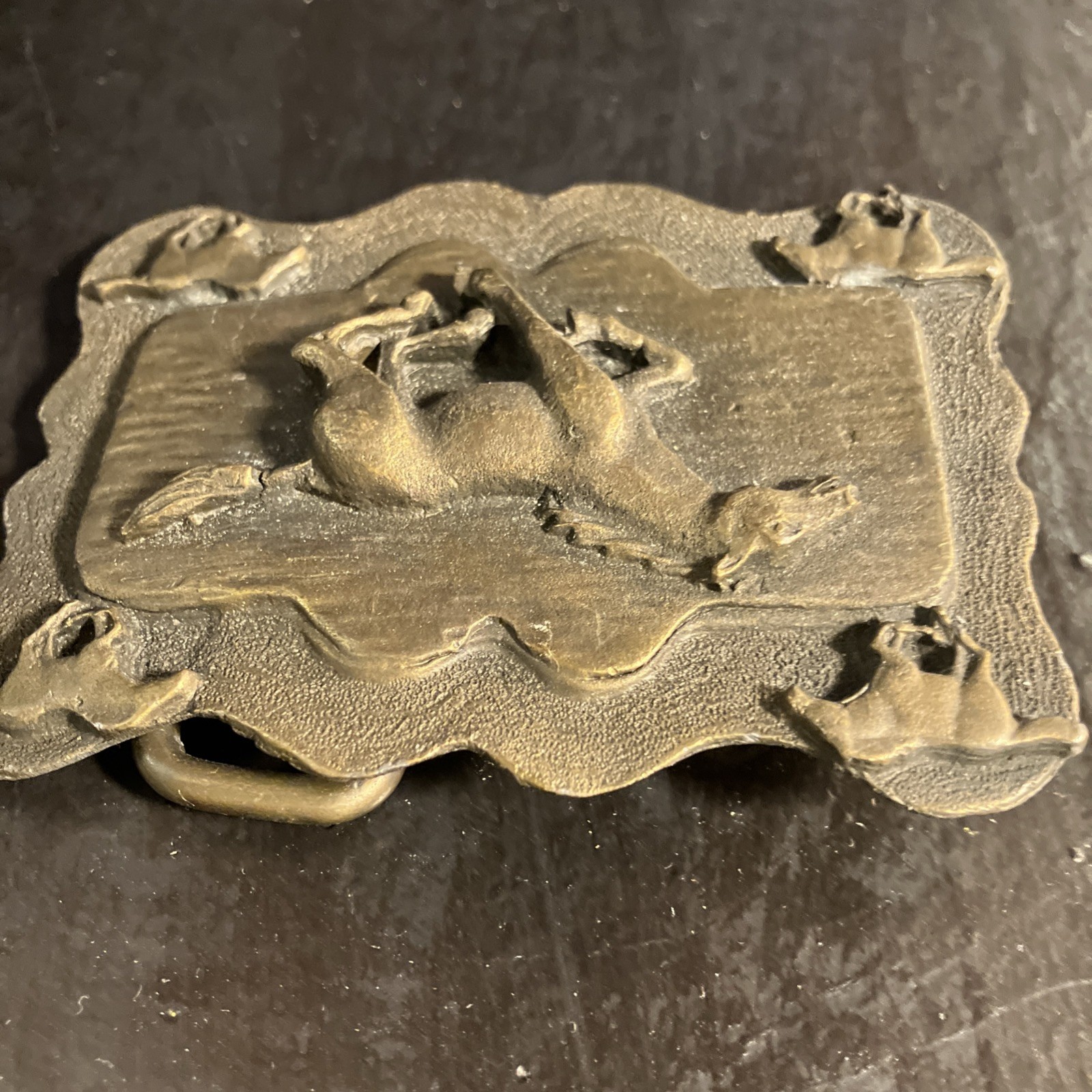 Vtg belt buckle running horses cowgirl cowboy equestrian western brass toned