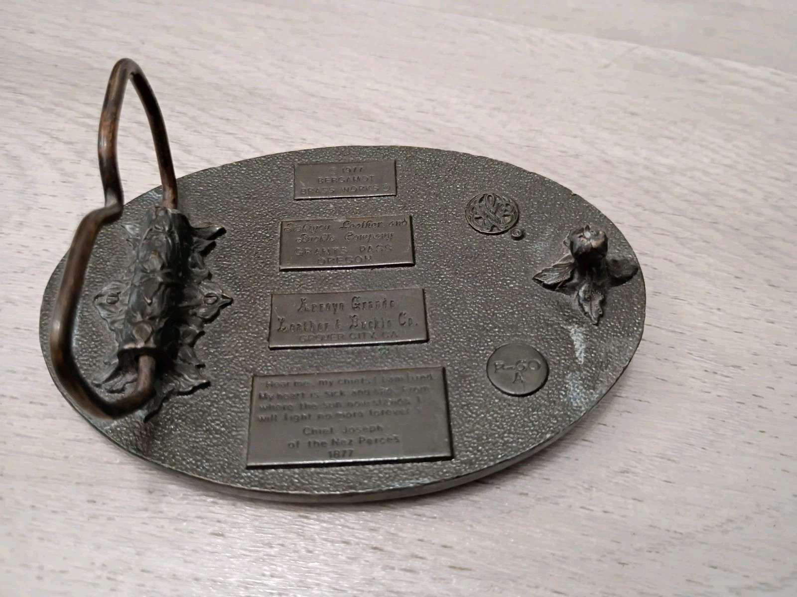 Bergamot Brass Works & Siskiyou Leather 1977 Native American P-60 Belt Buckle