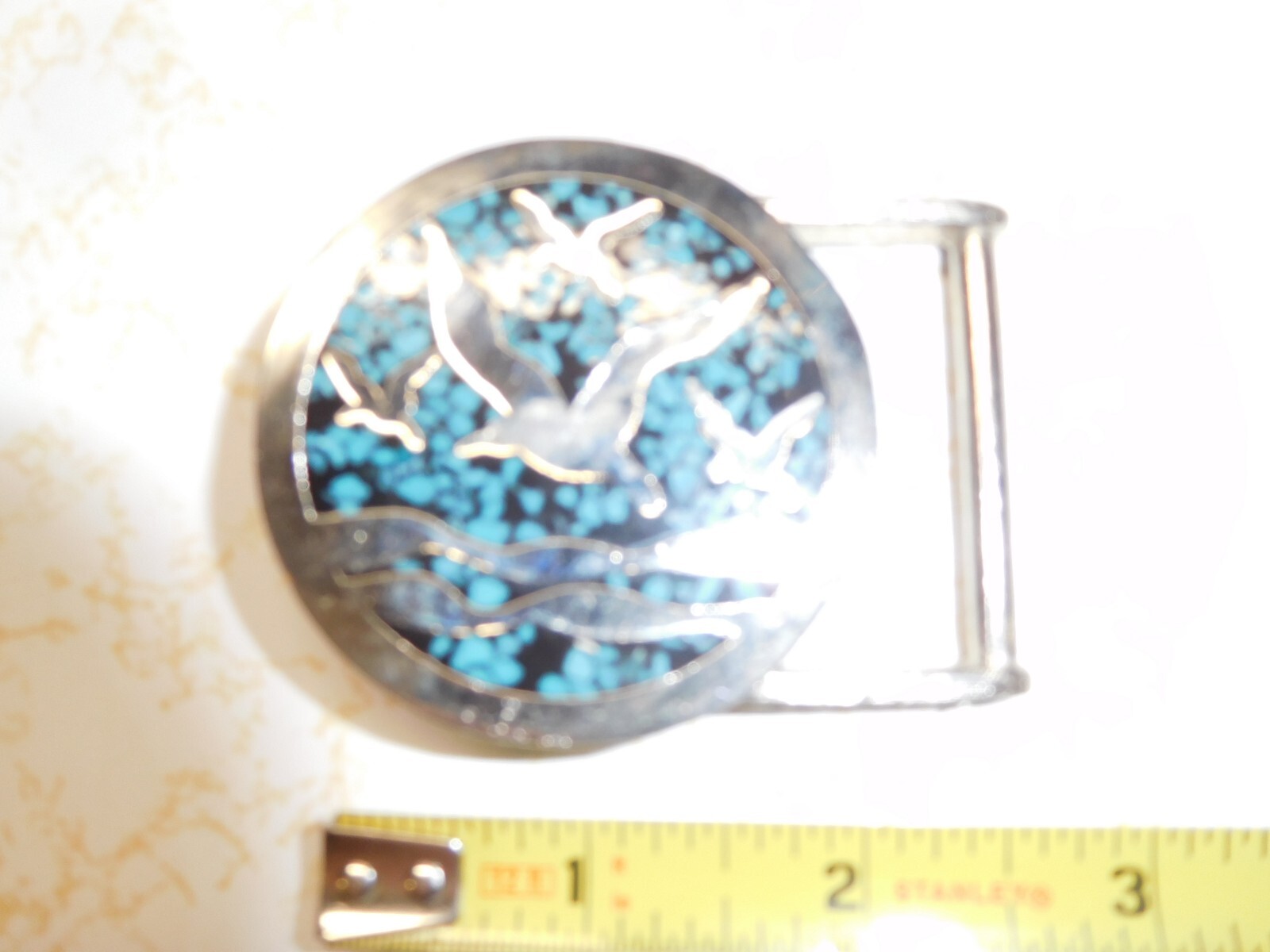 Vintage MJ brand Brilliant Four Ducks Flying, Turquoise Chips Men&rsquo;s Belt Buckle