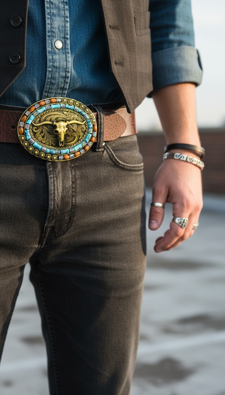 Men Dark Gold Metal Buckle Western Fashion Bull Long Horn Texas Cow Cowboy Style