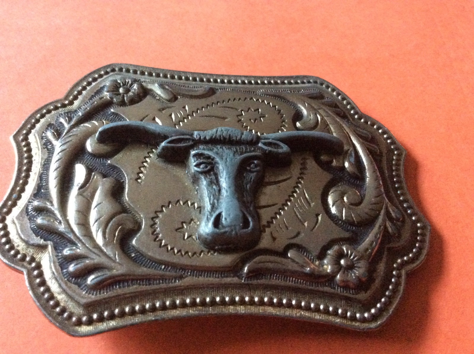 Texas Longhorn SouthWest etched vintage Belt Buckle America cattle skull patina