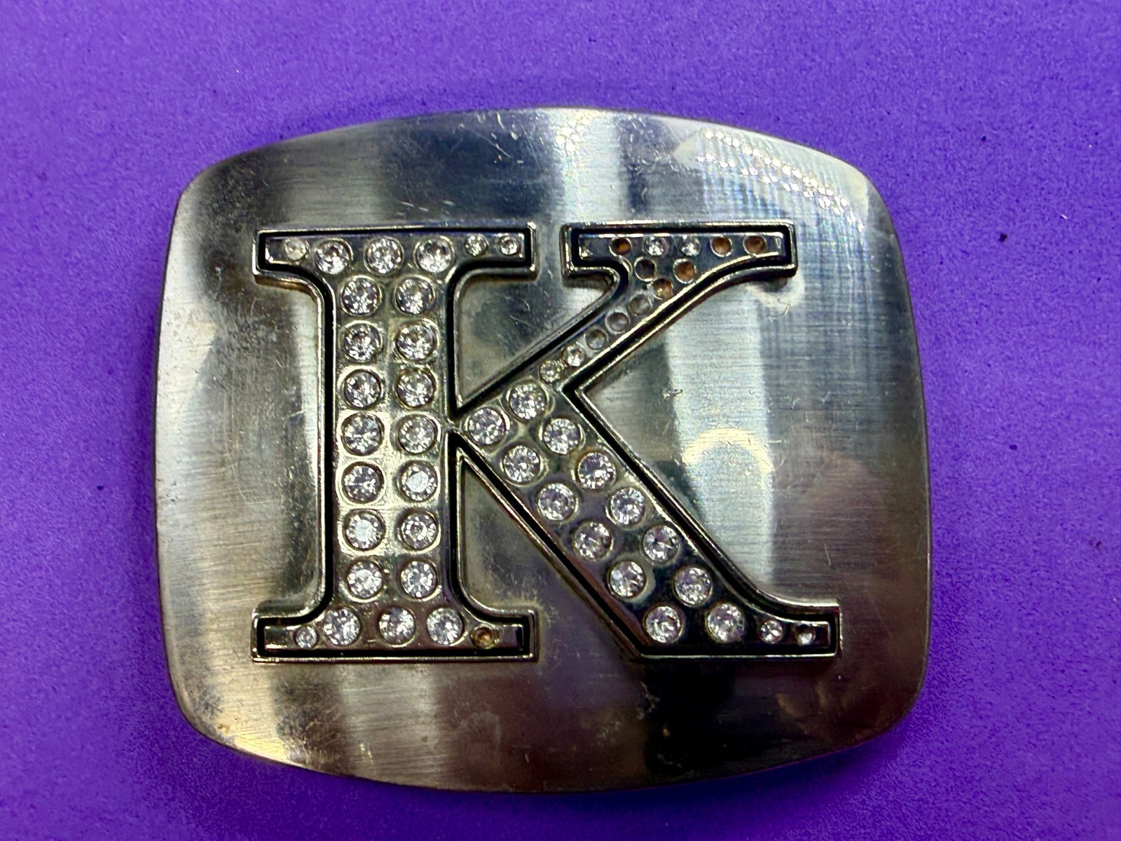 Custom Initial Letter K Monogram Silver Tone Belt Buckle – Missing a Rhinestone