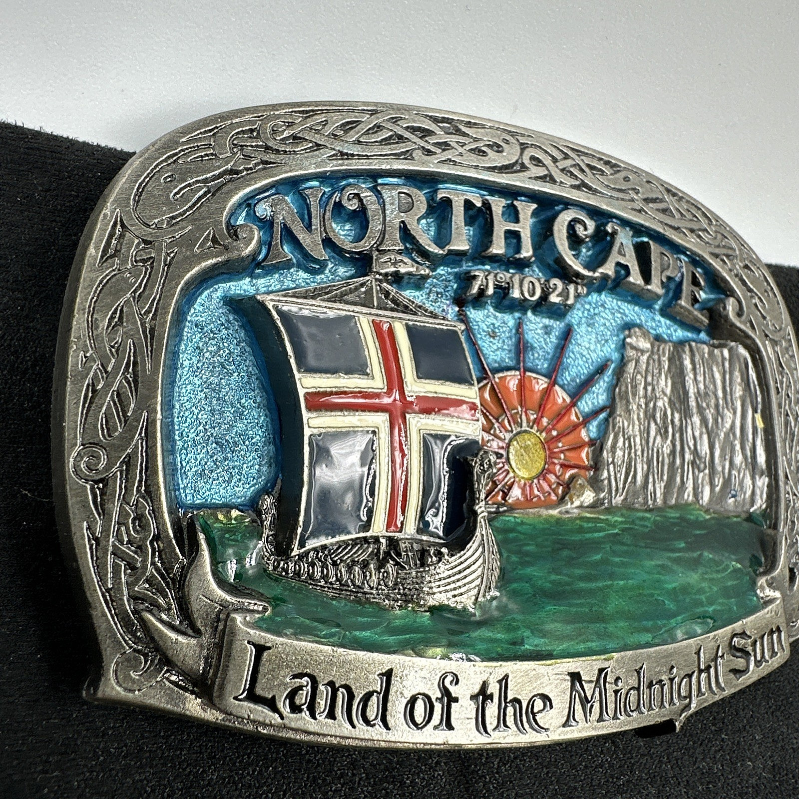 Vtg Tor Nordhus Belt Buckle North Cape Viking Ship Land Midnight Sun Norway &rsquo;91
