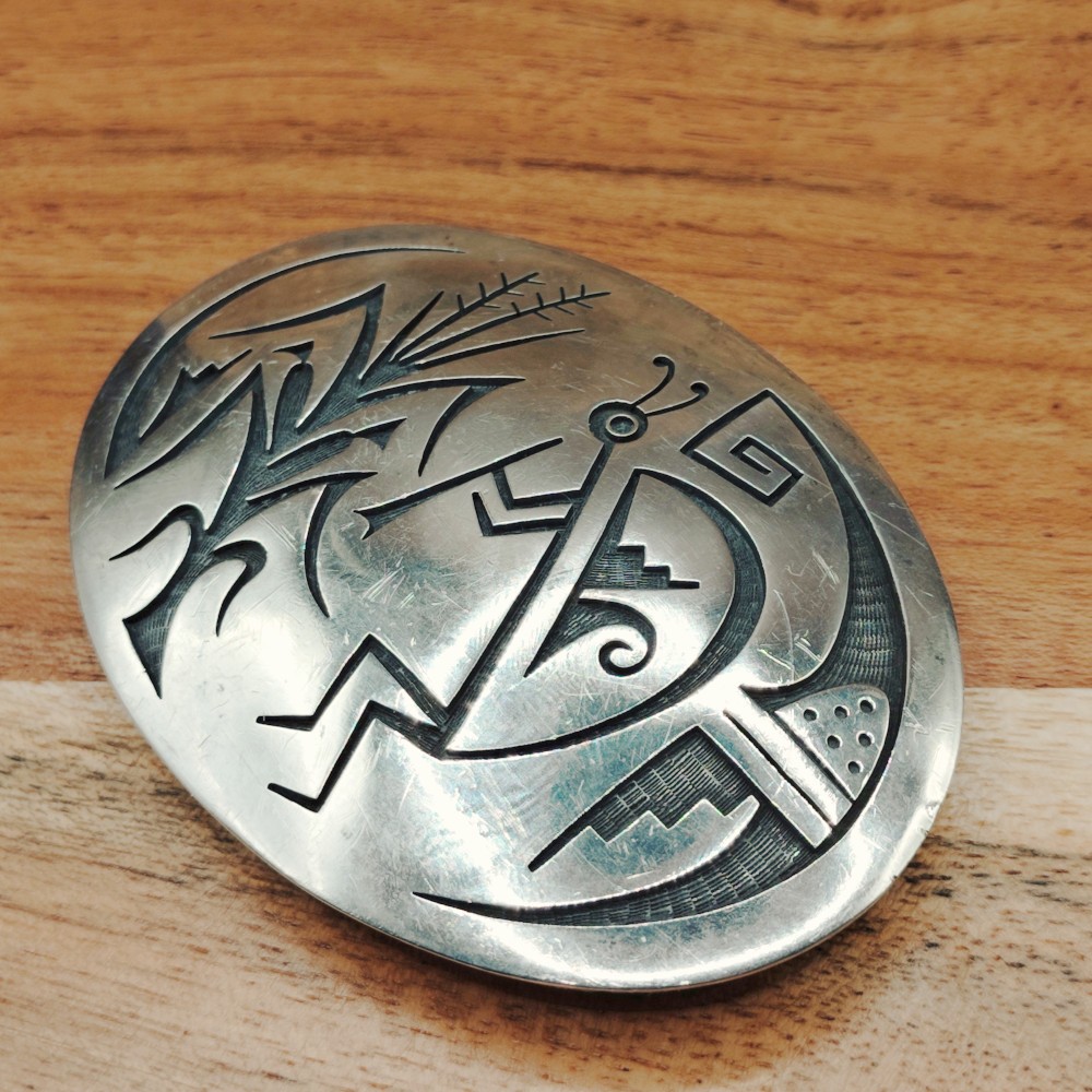 Hopi Pueblo Mitchel Sockyma MS Kokopelli Overlay Sterling Silver Belt Buckle
