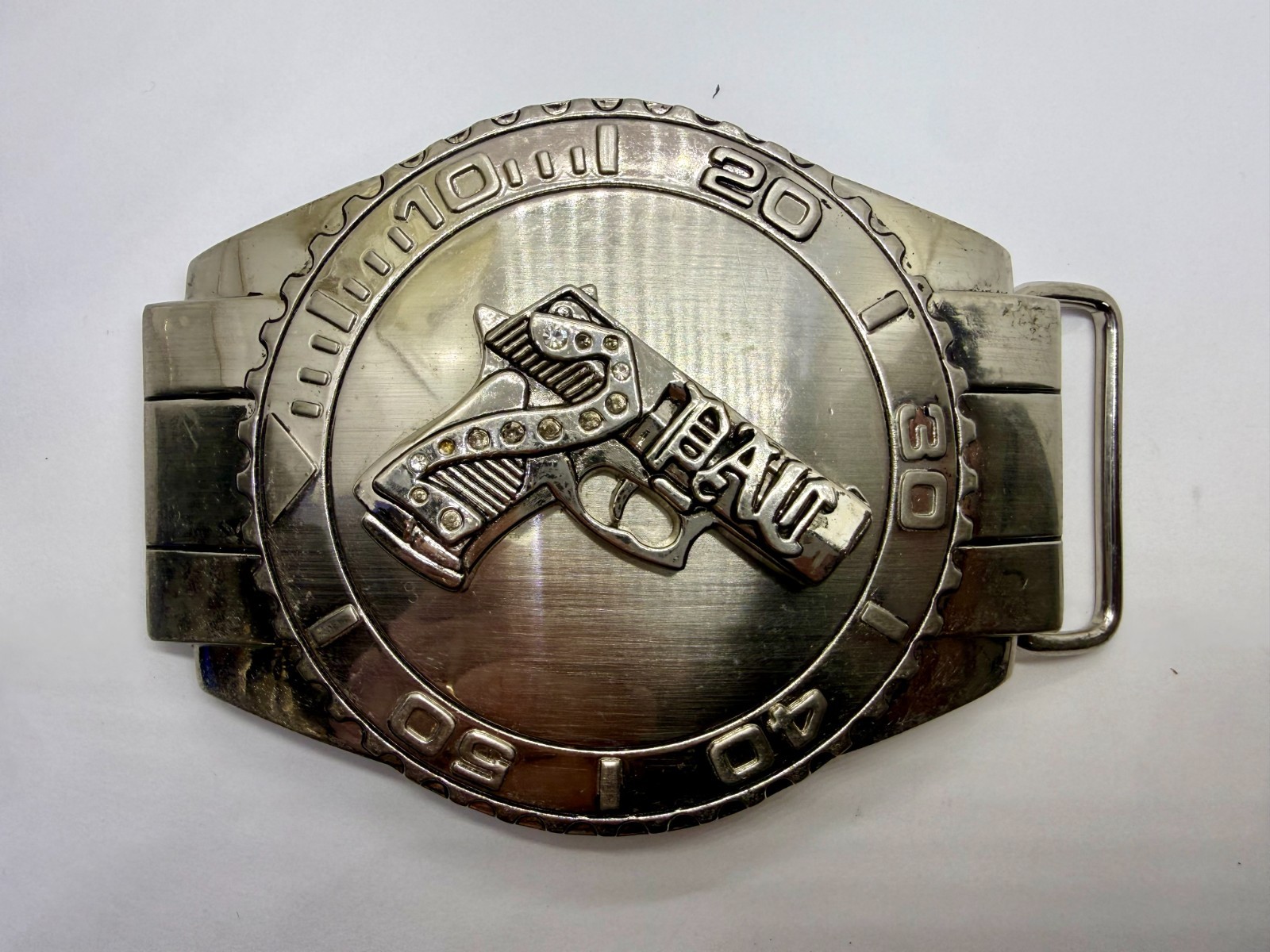 Dive Watch Style Shape Pistol Gun with Rhinestone Silver Color Large Belt Buckle