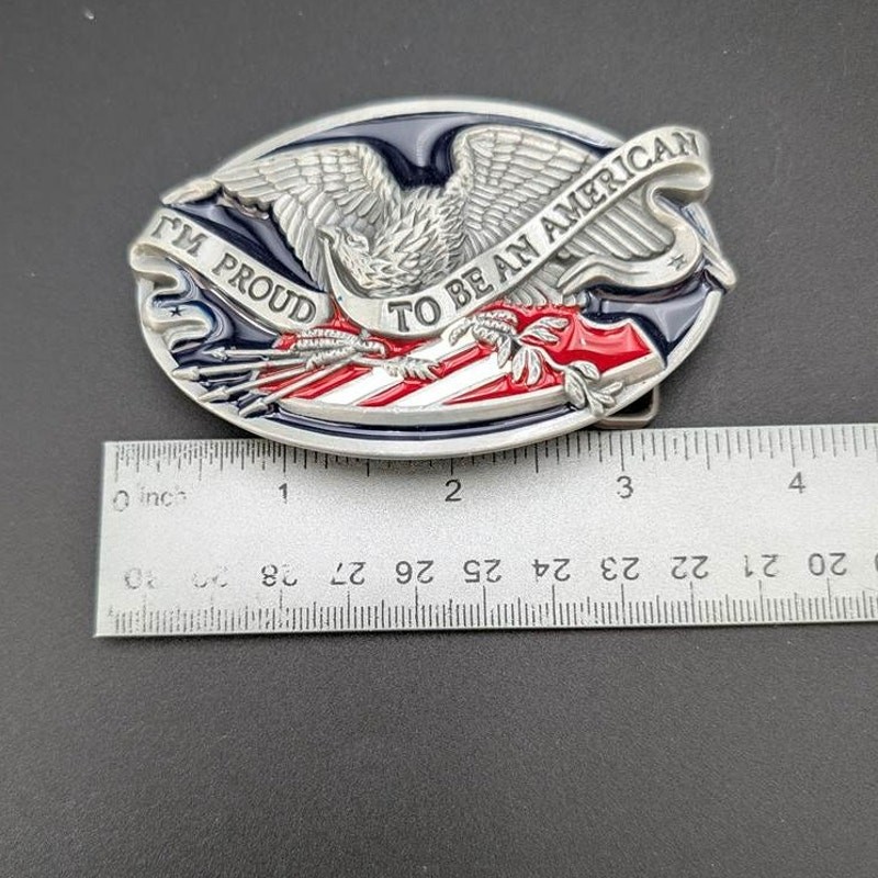 Patriotic Belt Buckle Metal Enamel Eagle American Flag Cast Silver Toned USA