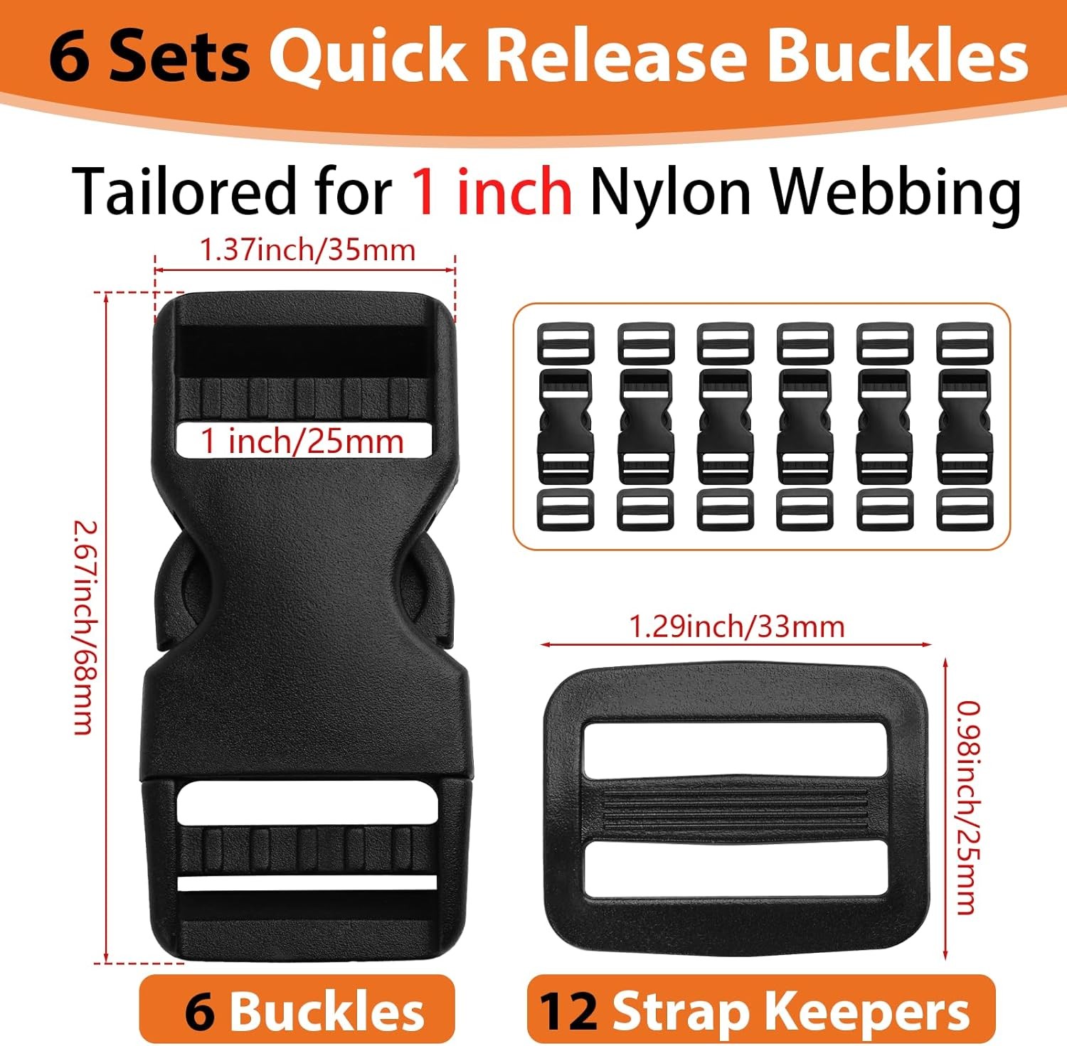 6 Set 1&Prime; Wide Quick Release Buckle with 12 Pcs Strap Clips, Heavy Duty Side Rele