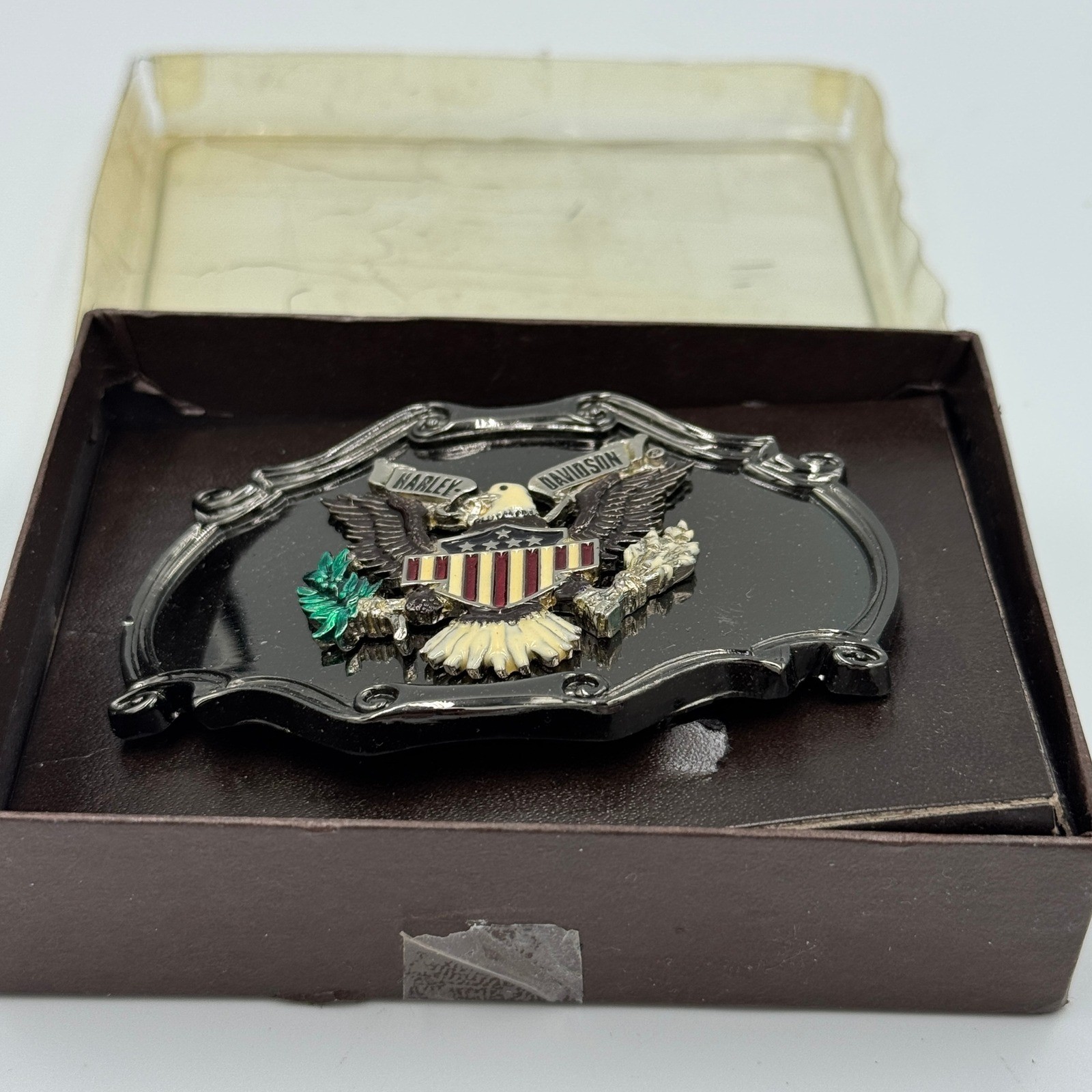 Vintage 1978 Raintree Harley Davidson Eagle Belt Buckle Black Enamel Americana