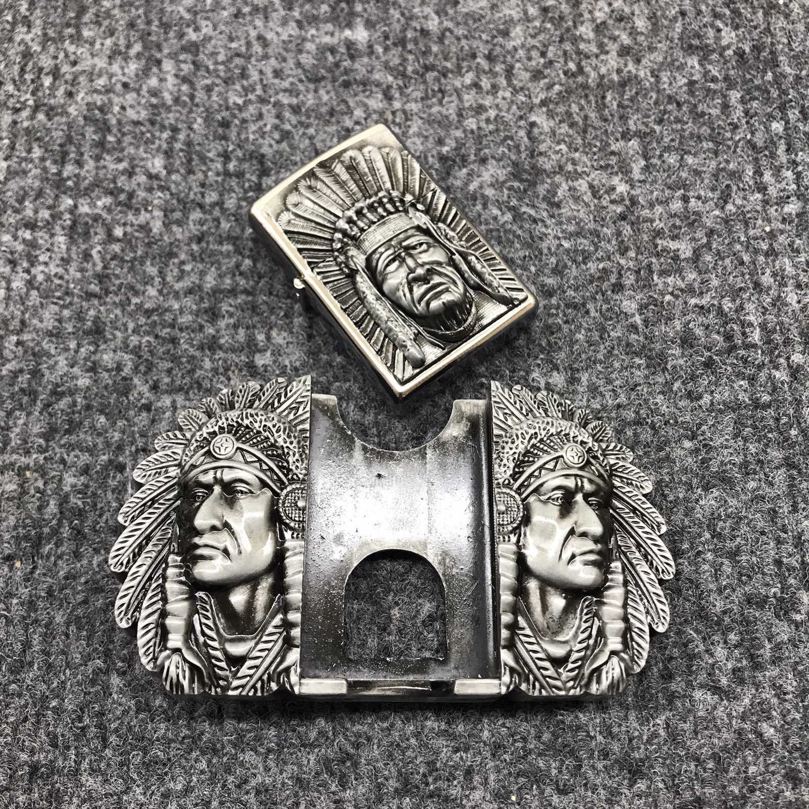 Antique Brushed Indian Chief Head Belt Buckle with Lighter, Stock in US